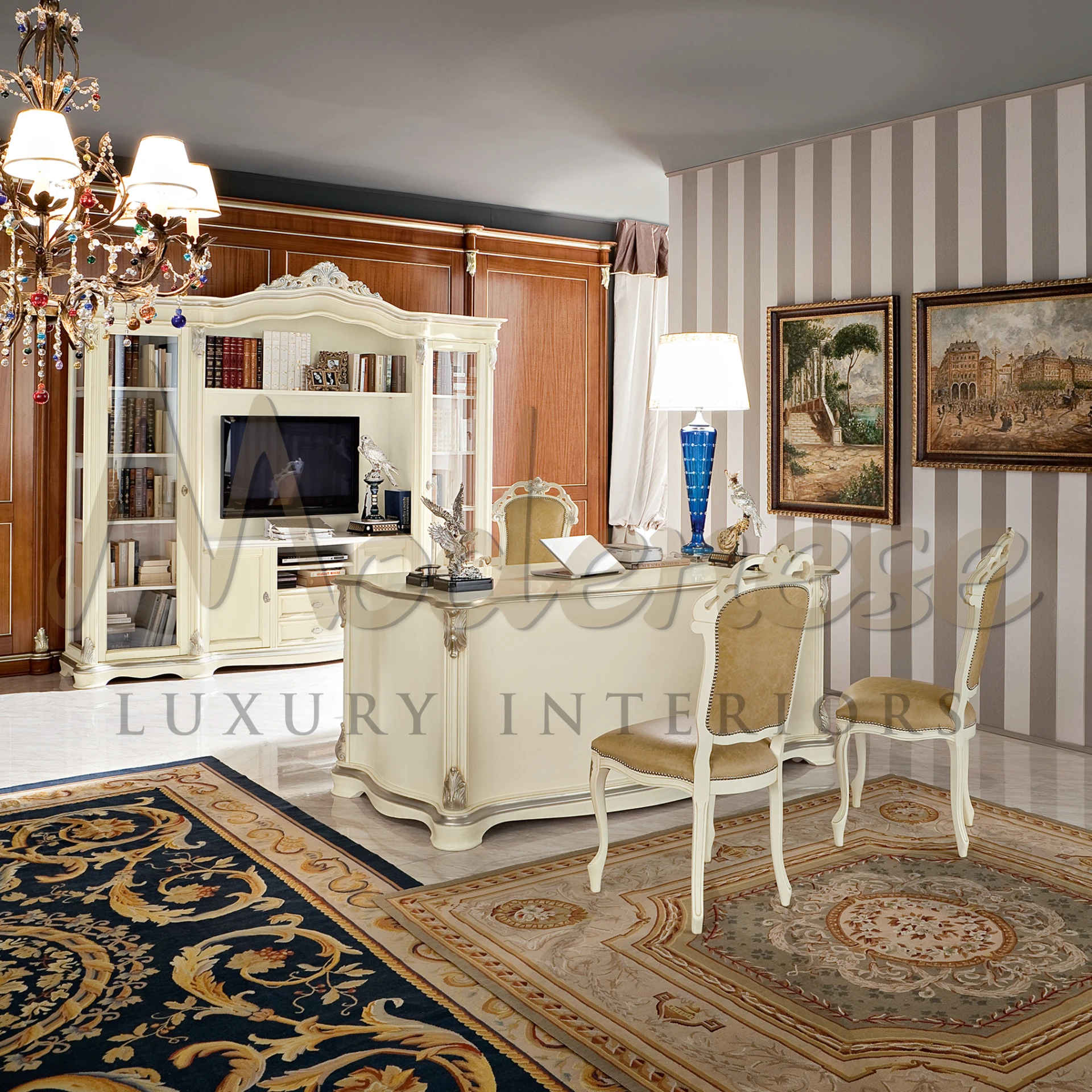 Luxury Classical Office Desk with Ivory and Gold Bookcase - Modenese Luxury Furniture