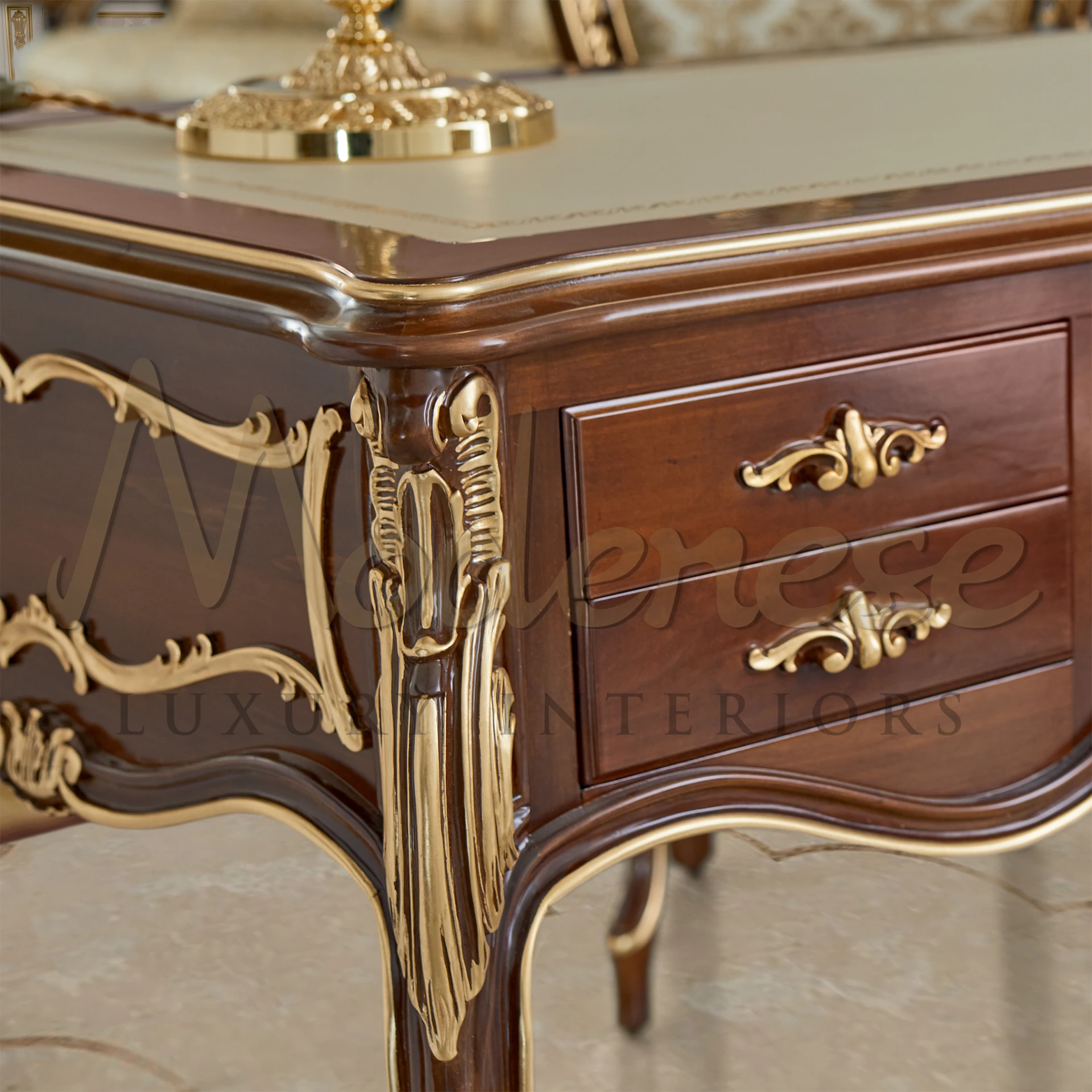 Royal Writing Desk with Classic walnut finishing, Gold leaf details By Modenese Luxury Furniture