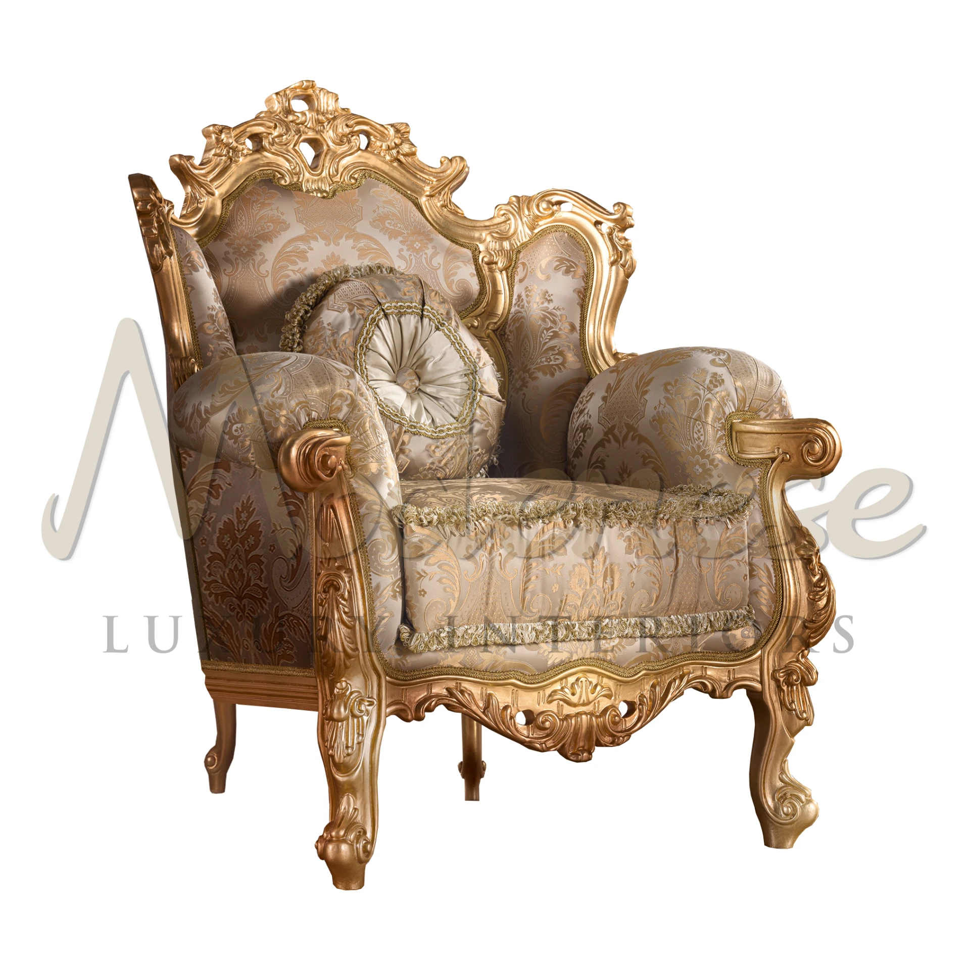 Ornate Rococo armchair with gold detailing and beige damask fabric, featuring a round tufted cushion.