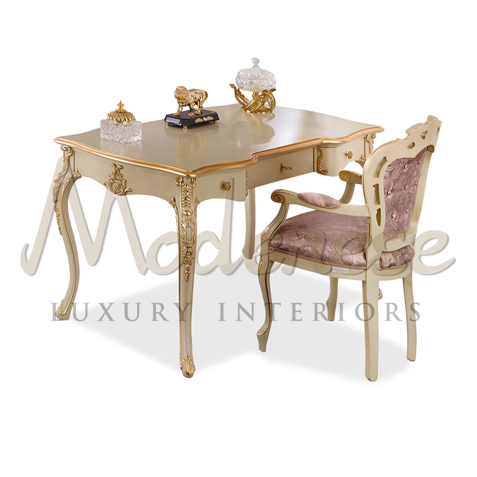 Product View with Clear Background - Elegant Hand-Made Writing Table  with Ivory and Gold Bookcase - Modenese Luxury Furniture