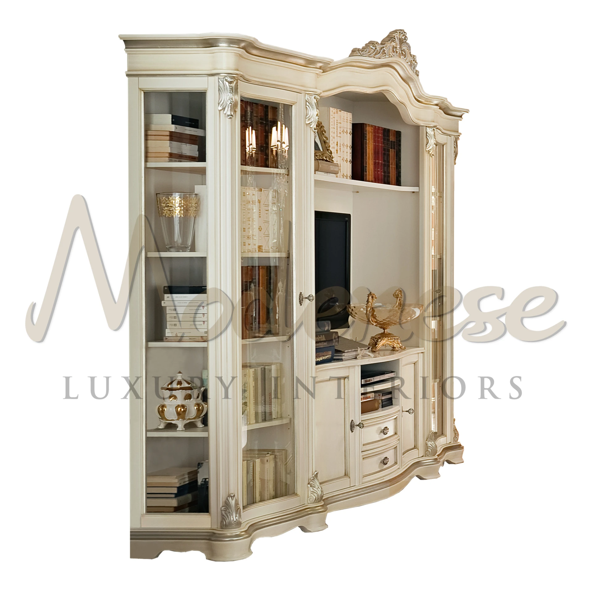 Product View with Clear Background - An ivory and gold bookcase - Modenese Luxury Furniture