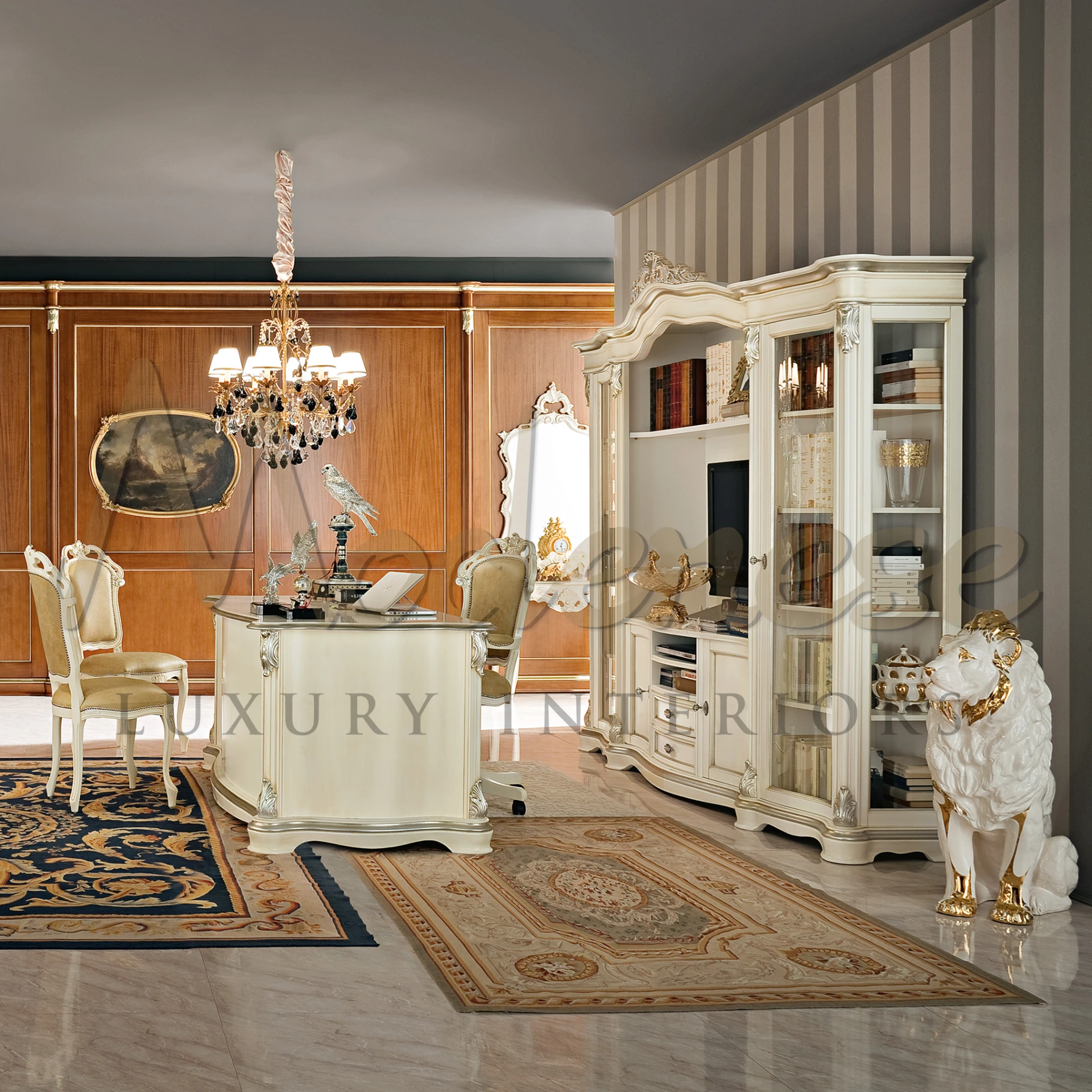Stylish room furnished with white and gold decor, highlighting an ivory and gold bookcase - Modenese Luxury Furniture
