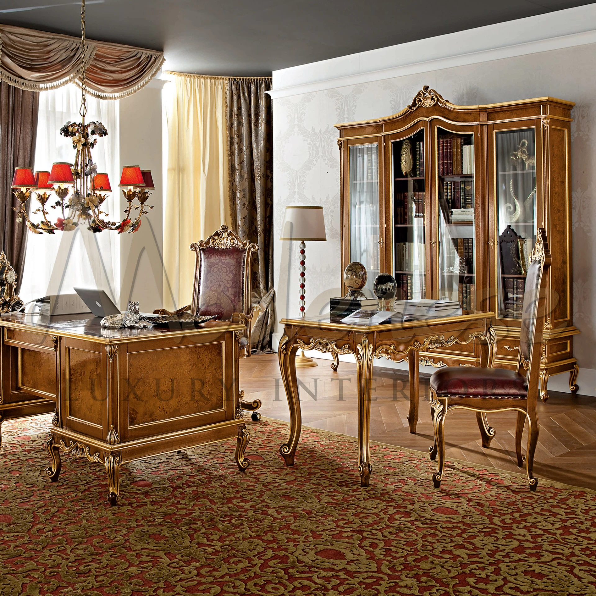 Office interior with a desk, chair, cabinet, and classical Wooden Bookcase - Modenese Luxury Furniture