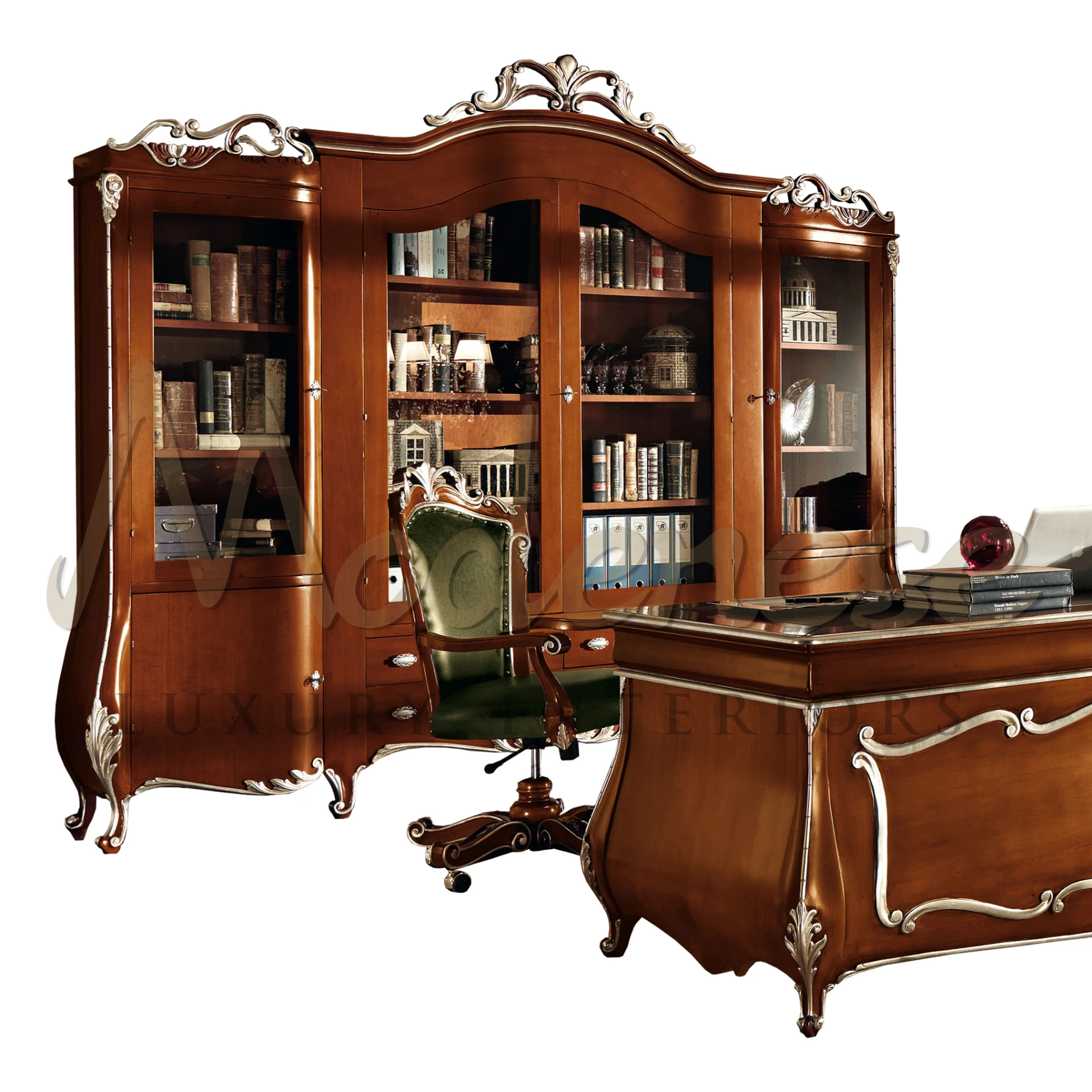 Product View with Clear Background - A desk with a majestic bookcase and a chair - Modenese Luxury Furniture