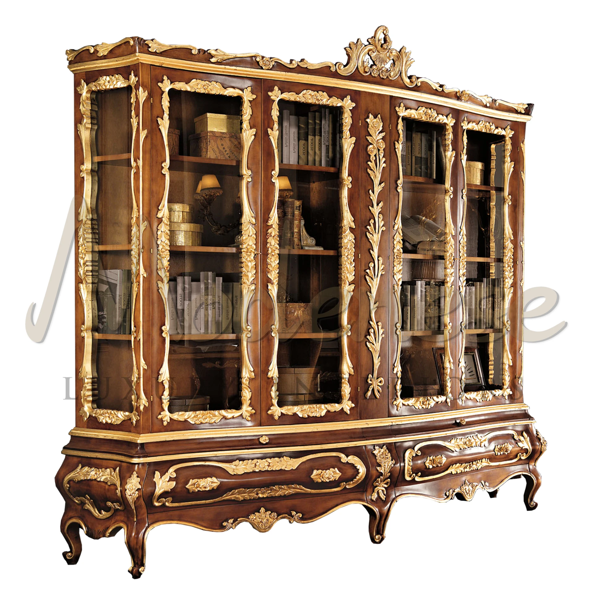 Product View with Clear Background - Four Door Bookcase with Gold Leaf, Baroque in Solid Wood | baroque bookshelf, baroque bookcase, gold leaf bookcase  - Modenese Luxury Furniture