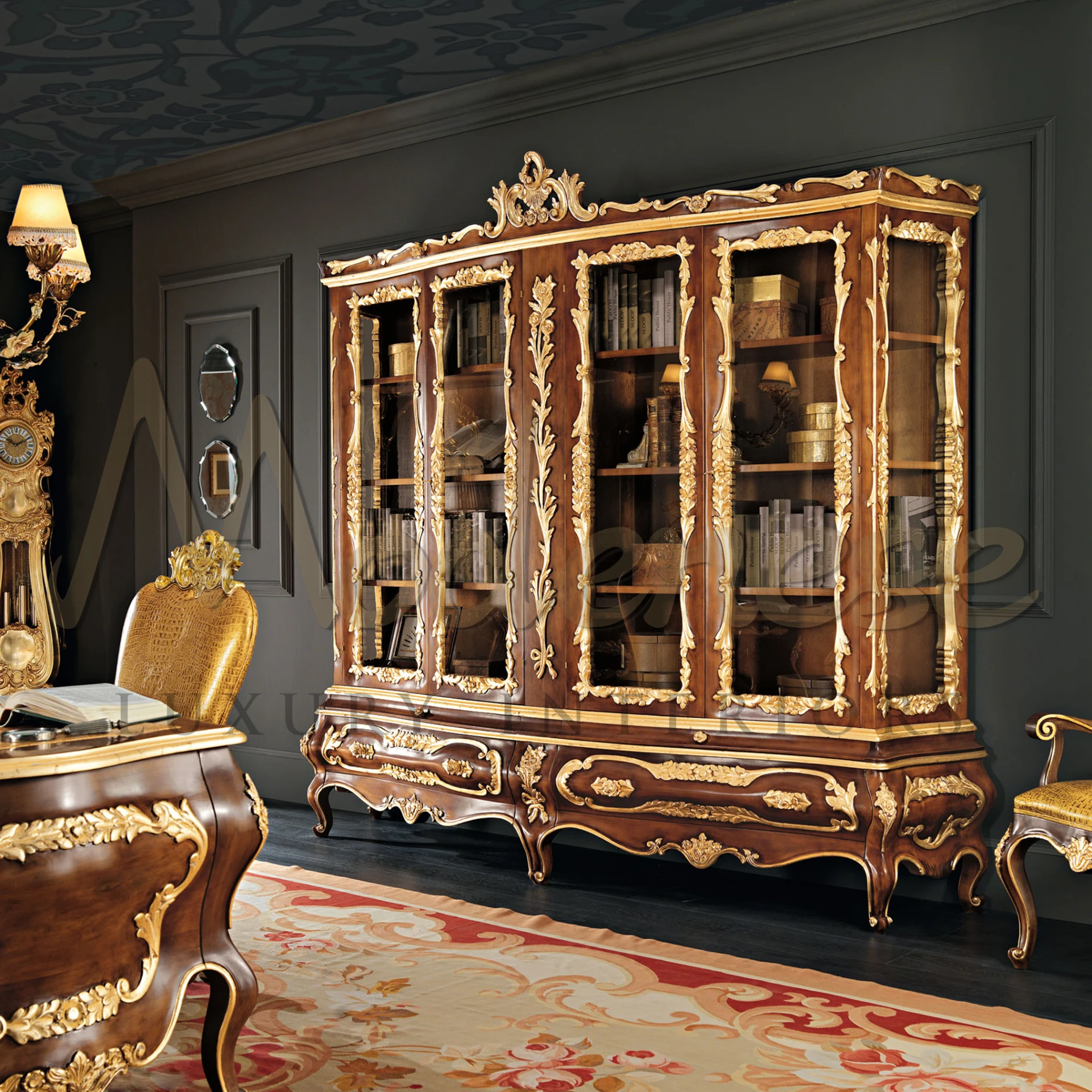 custom Villa study furniture italian style bookcase combination solid wood carved home boss computer desk  - Modenese Luxury Furniture