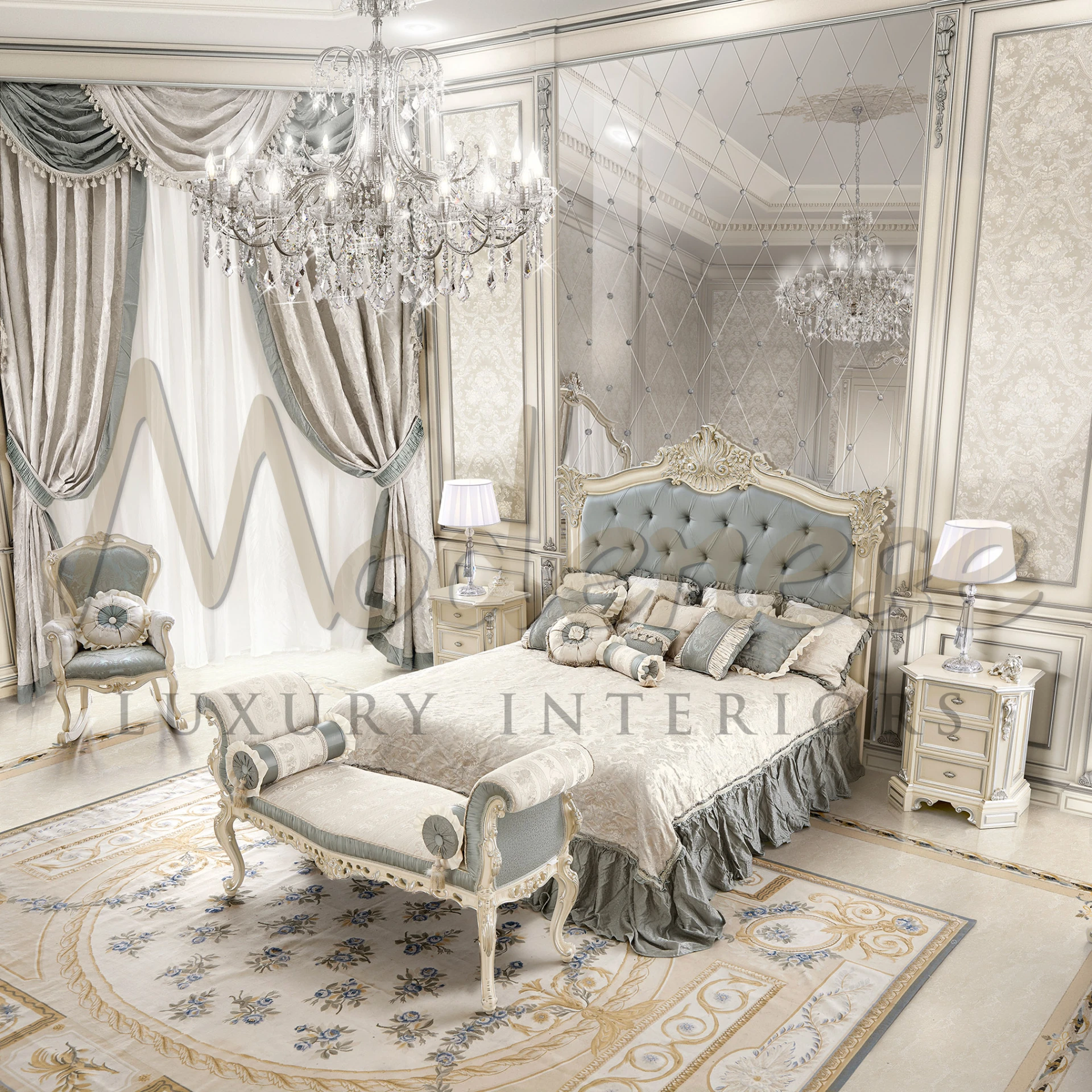 Luxury bedroom with bed, seating, and Luxury Italian Crystal Chandelier by Modenese Luxury Lightings.