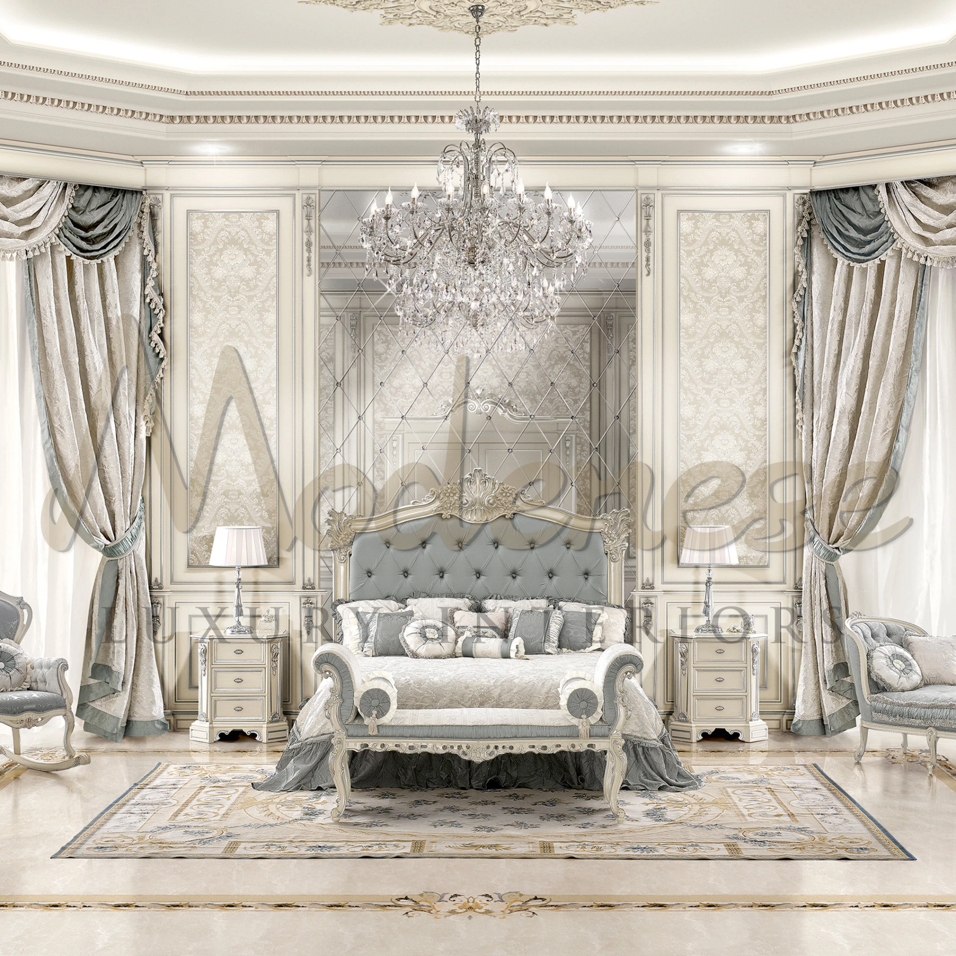 Luxurious bedroom with a top notched bed, elegant drapes, and a Italian classic crystal chandelier.