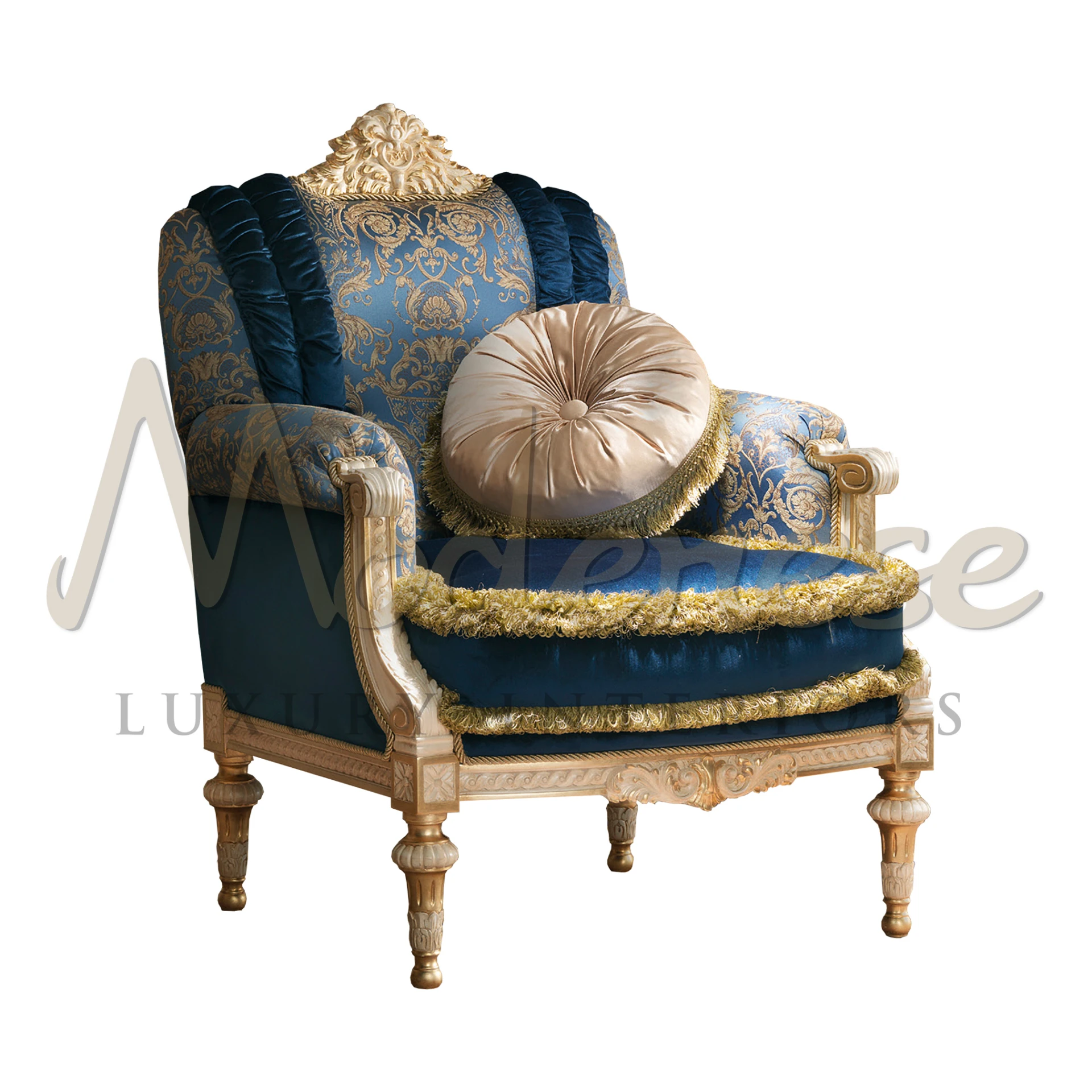 Royal blue velvet armchair with gold damask patterns and ornate golden wood carvings.