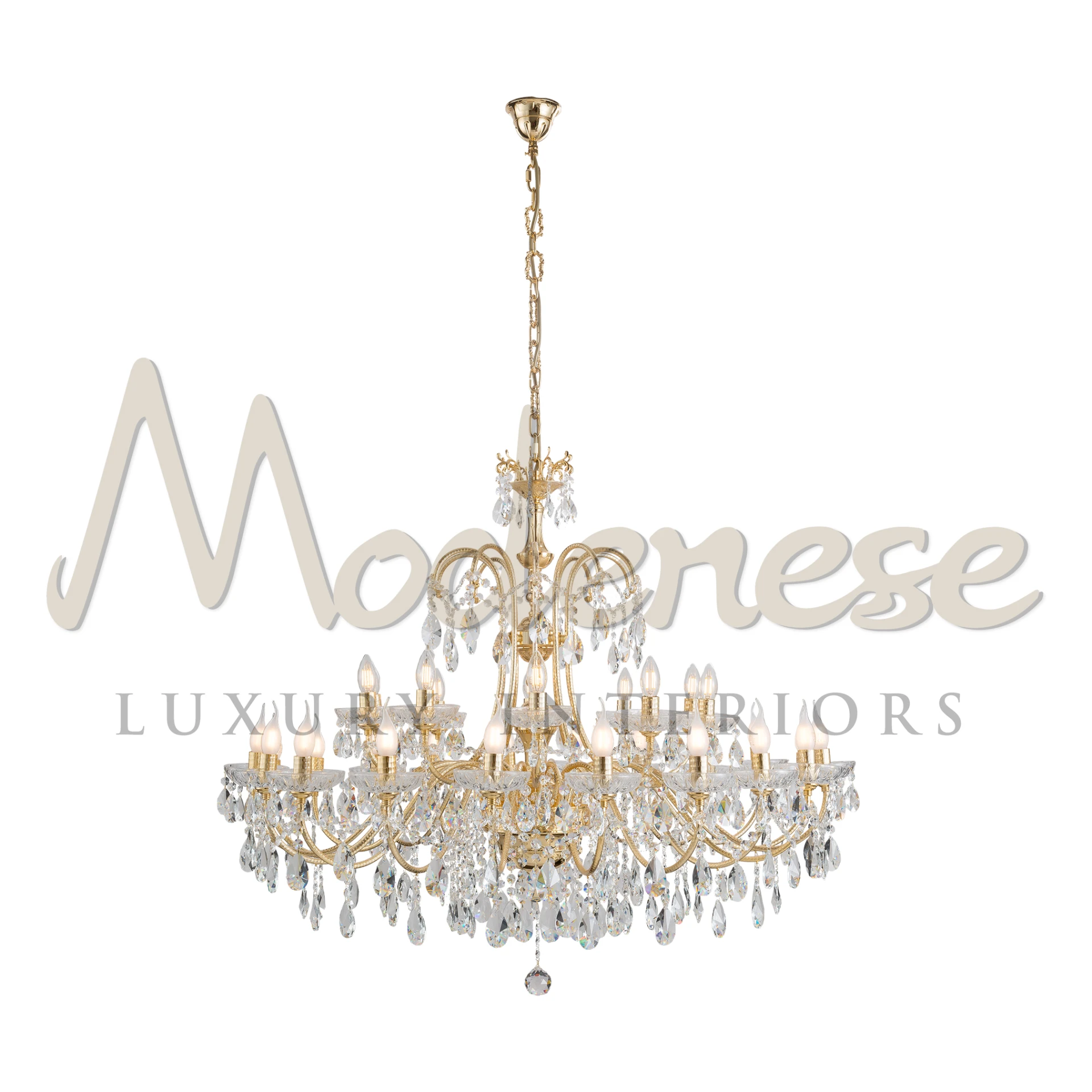 The 'Royal Opulence luxury Chandelier' by Modenese, with gold accents and cascading crystals.