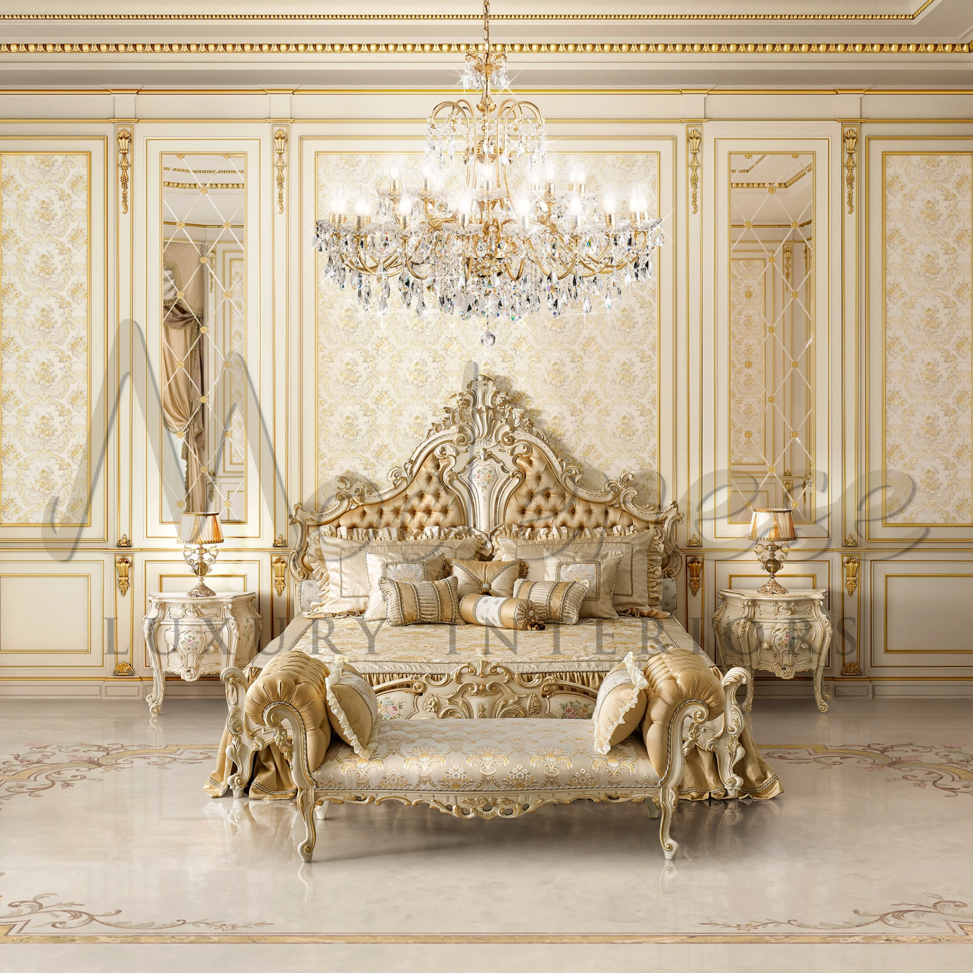 Luxurious bedroom with an fancy golden bed and luxurious classic italian crystal chandelier by Modenese