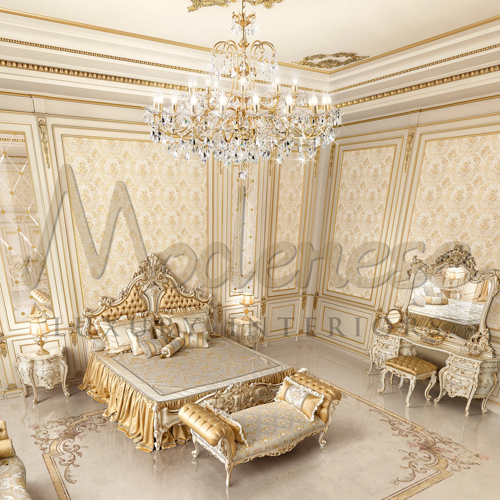 Luxury bedroom decor showcasing a lavish bed, intricate furniture with luxury Italianchandelier.