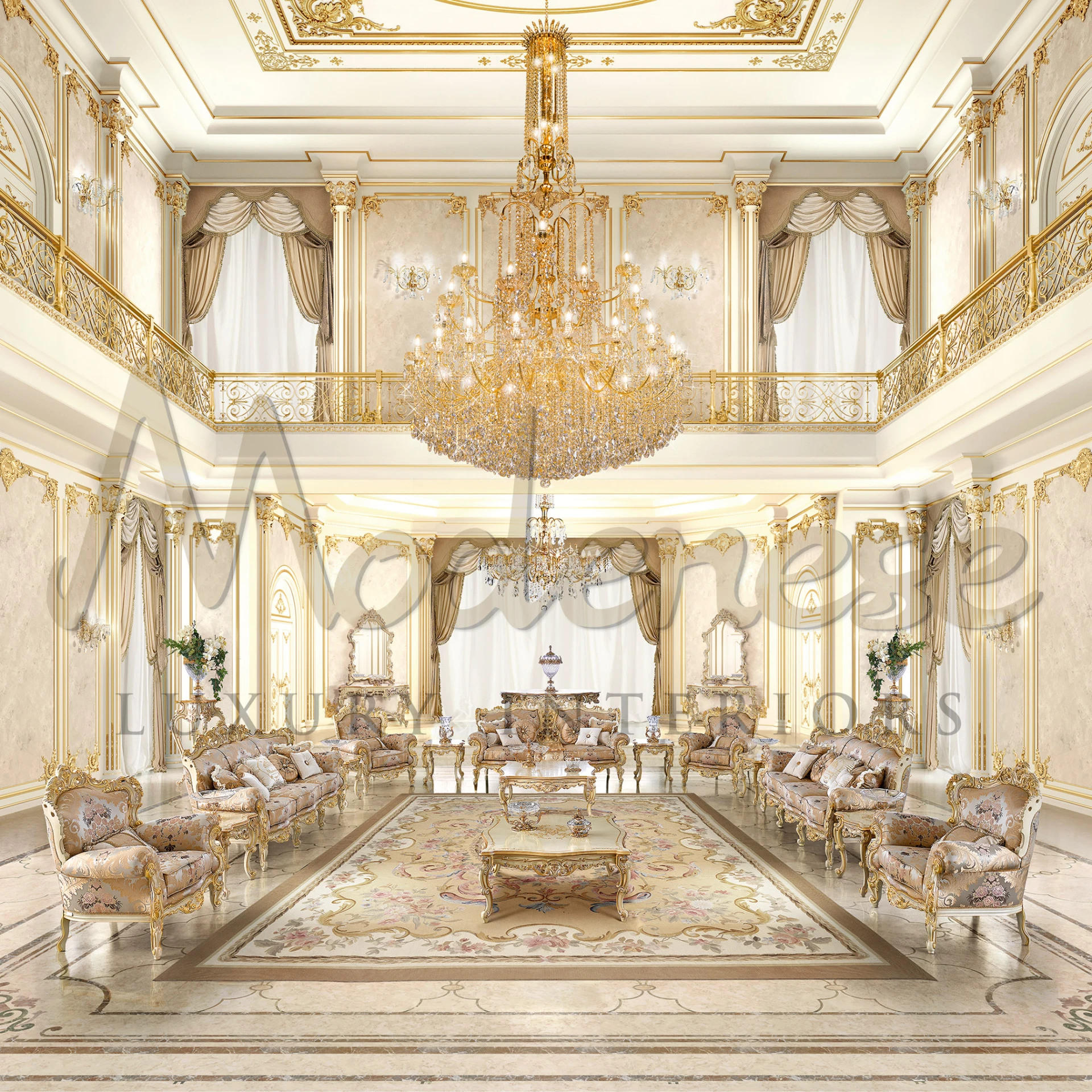 Lavish reception room with classical furniture and a grand central Venetian Splendor Chandelier