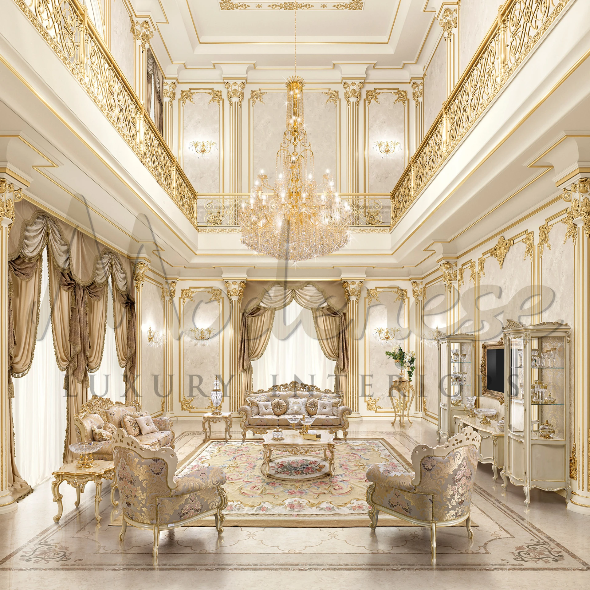 Well executed grand living room with showy gold-trimmed furniture and a luxurious Venetian Splendour Chandelier.