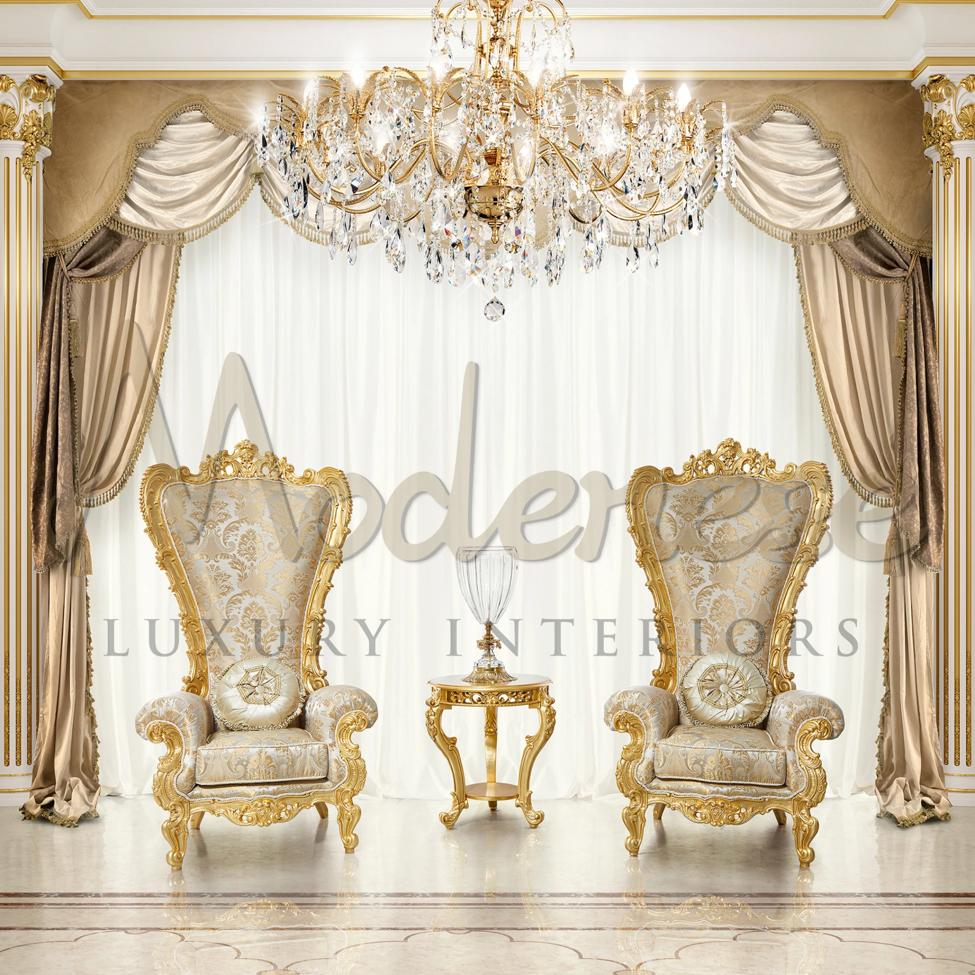 Luxurious seating area with fancy golden chairs and a crystal Empire Chandelier Elegant Lighting.