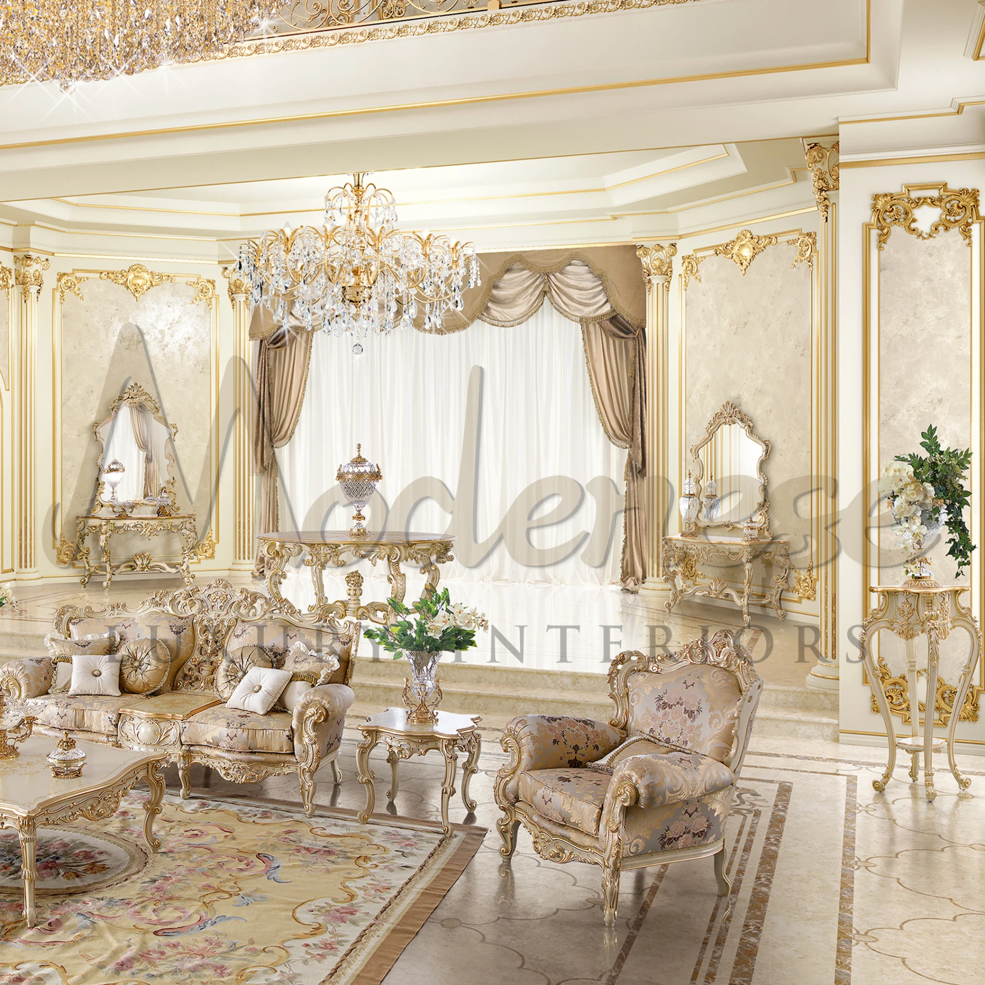 Elegant drawing-room with golden gilded furniture and an Italian Empire Chandelier.