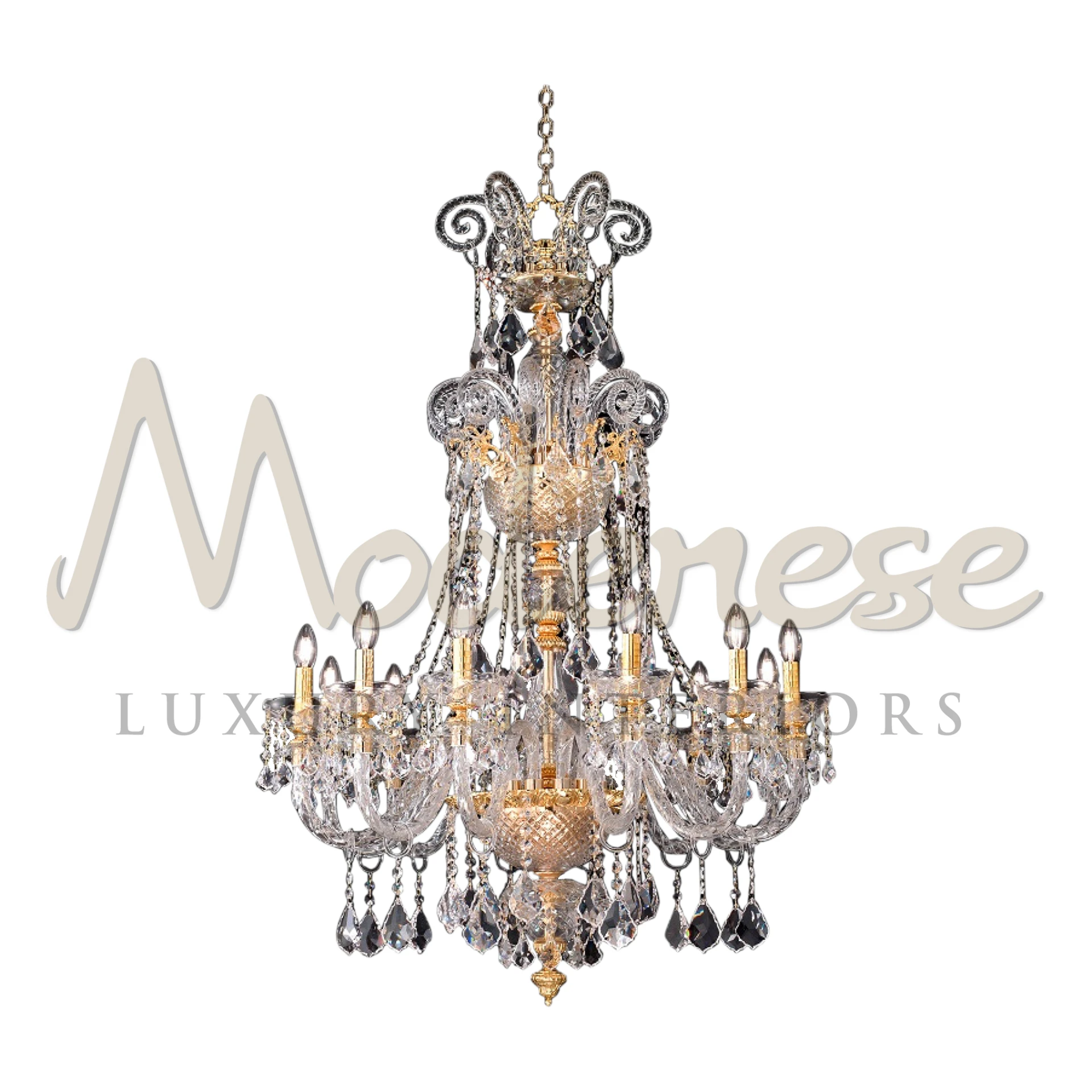 The 'Italian Grandeur Chandelier' with its opulent crystal drops and golden accents by Modenese