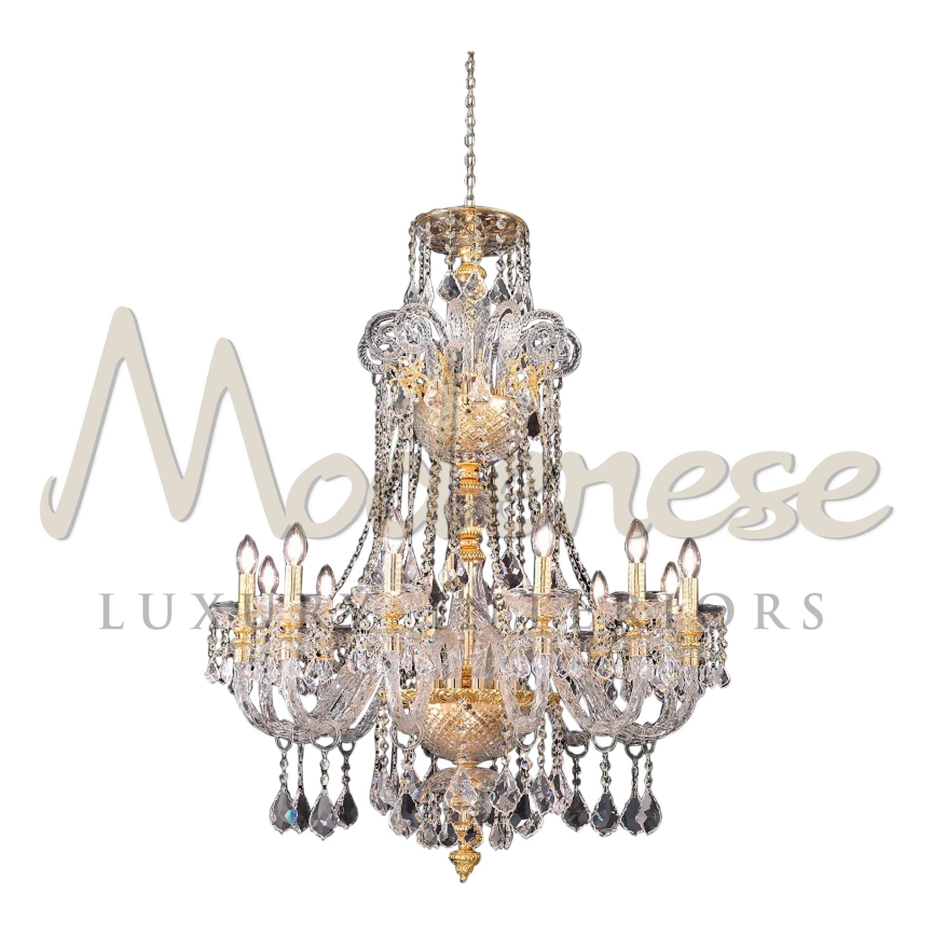 Modenese Luxury Imperial Majesty Chandelier’ with crystals and gold accents.