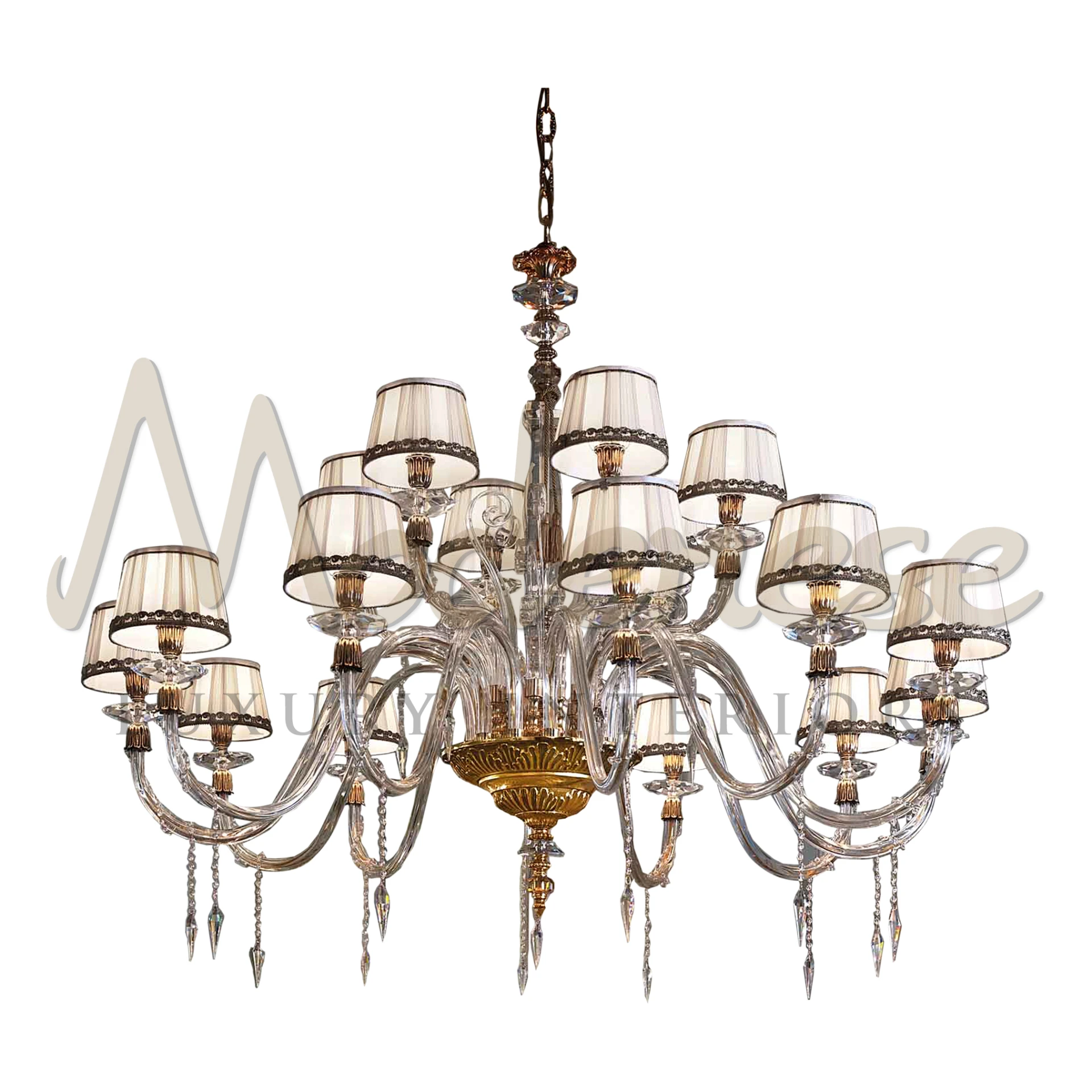 Luxurious 'Renaissance Radiance Chandelier' with crystal pendants and shaded lights.