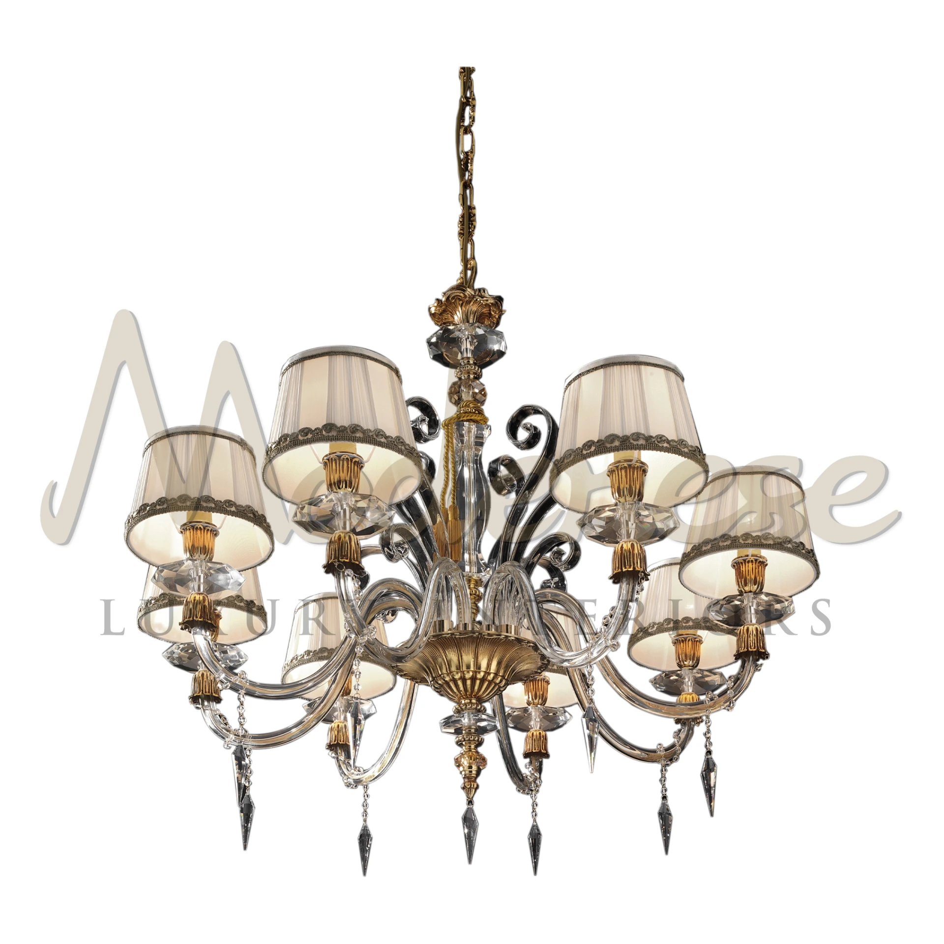Luxurious 'Classic Couture Chandelier' from Modenese, featuring intricate gold accents and shaded lights.
