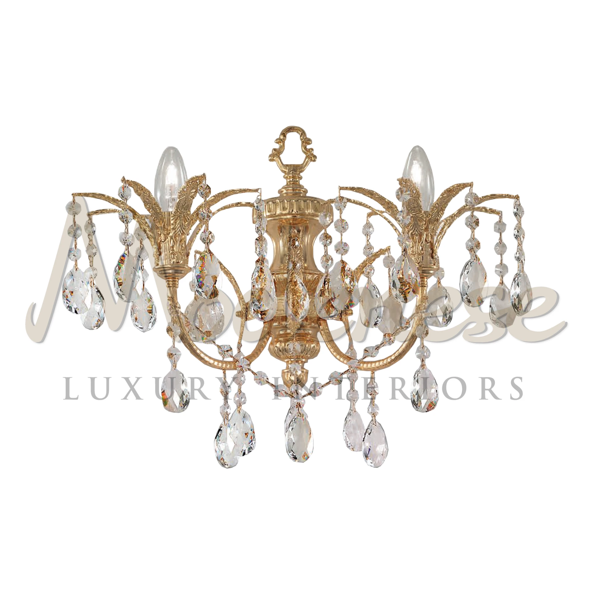 The 'Heritage Wall Fixture' from Modenese Luxury Lightings, featuring classic gold accents and sparkling crystals.