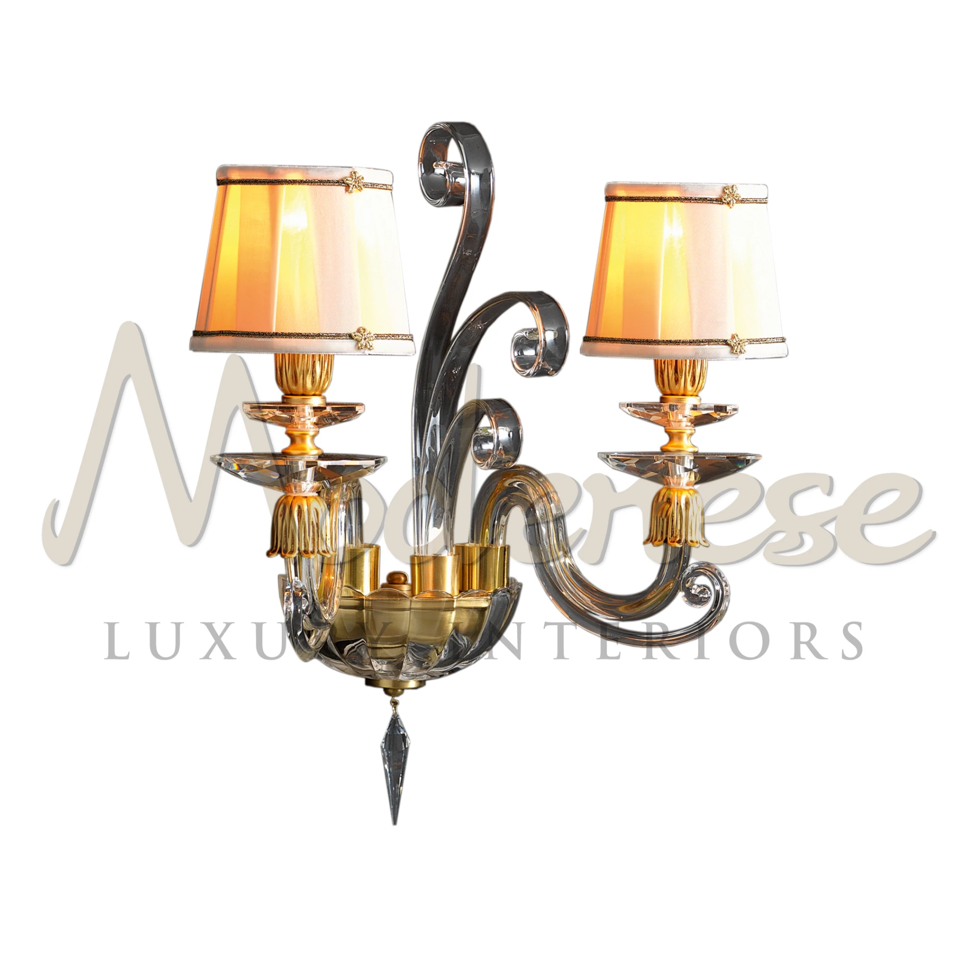 Classic Royal Sconce Lamp in bronze with ornamental details and white shades.