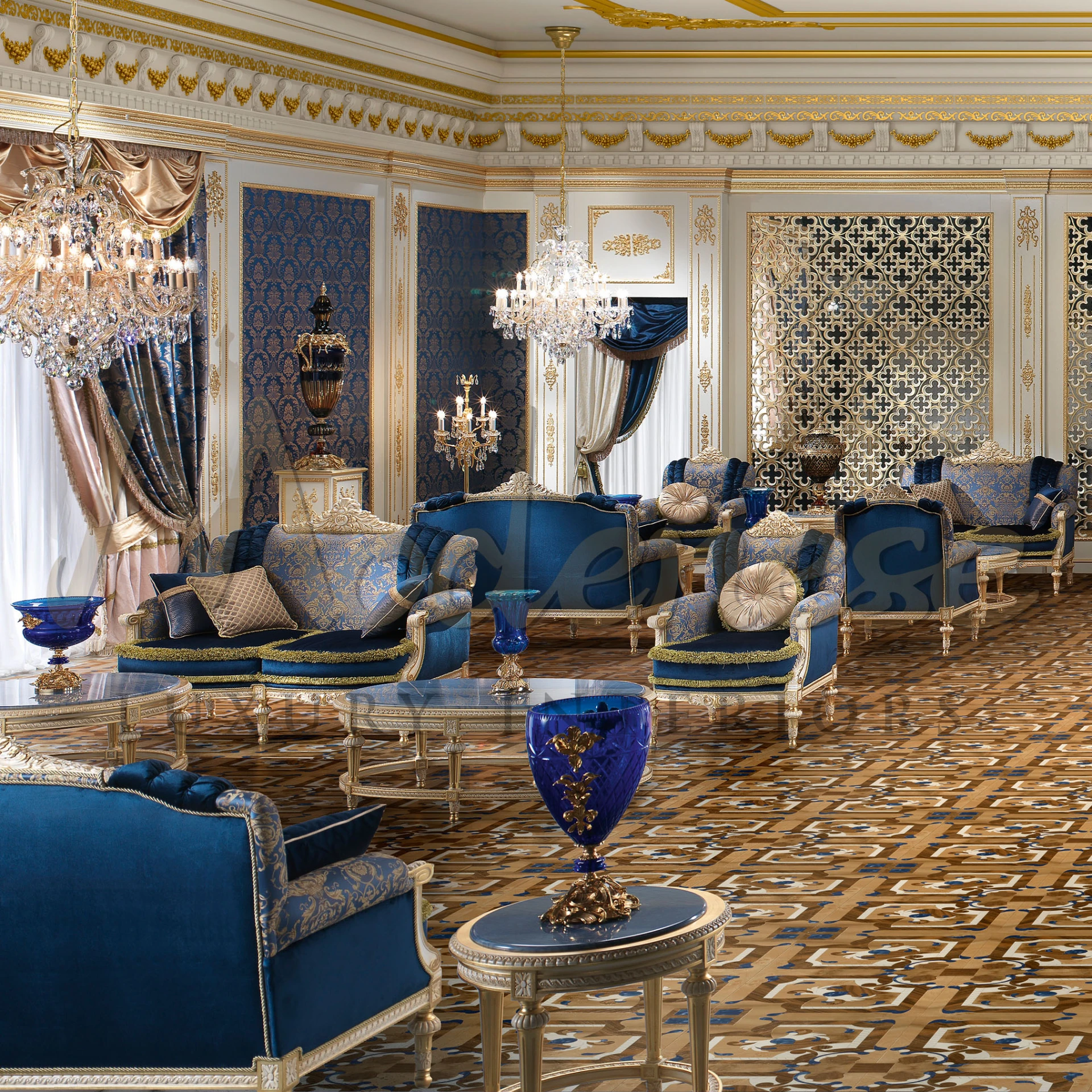 Elegant armchair with rich blue velvet, golden trim, and baroque-style damask design, exuding a regal presence.

