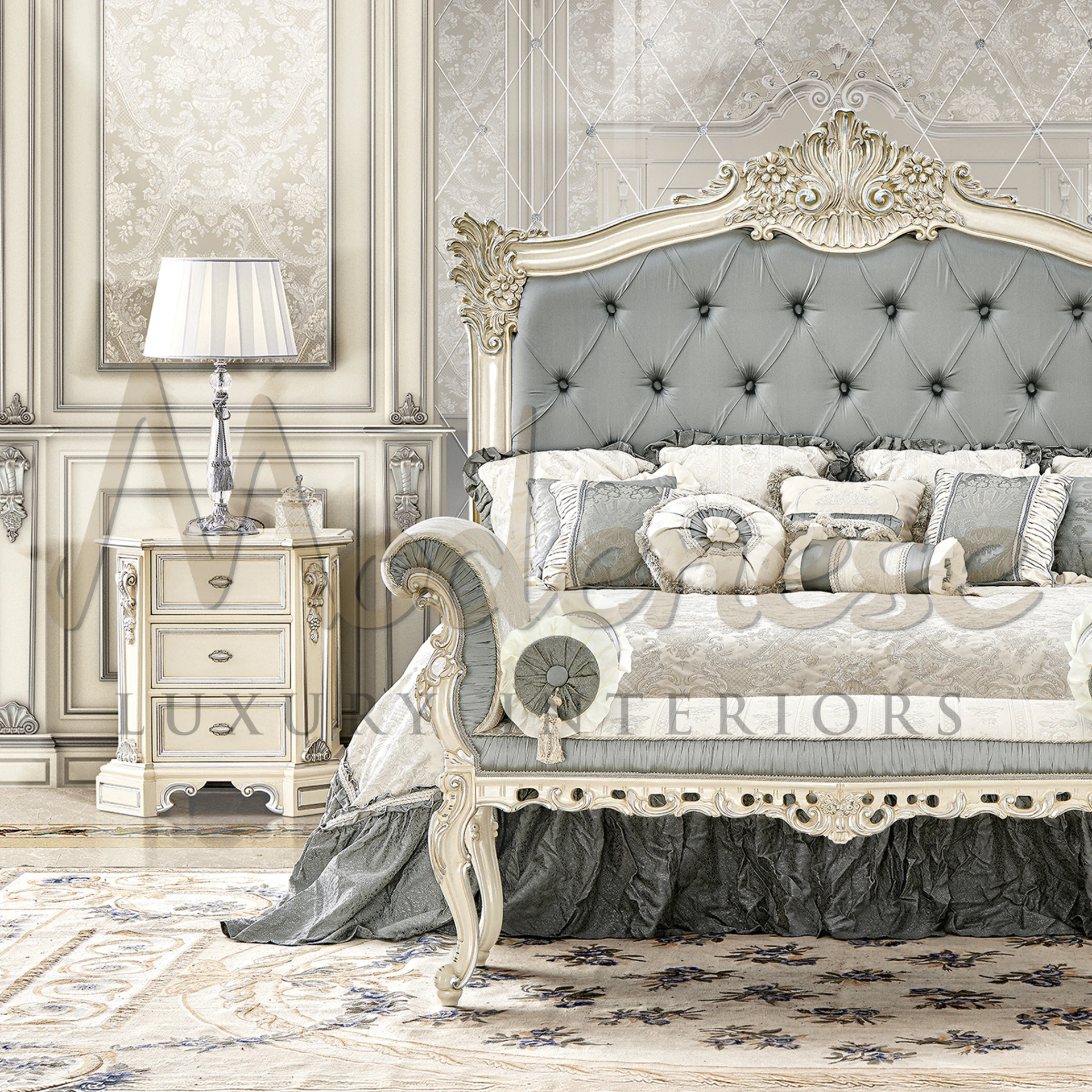 Luxury bedroom decor with a luxurious and stylish table lamp and a grand tufted bed