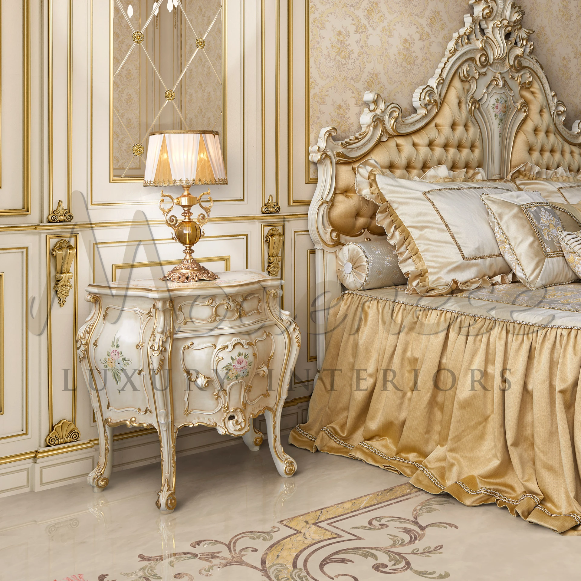 Lavish bedroom decor with a Radiance Table lamp on a carved bedside table with floral motifs.