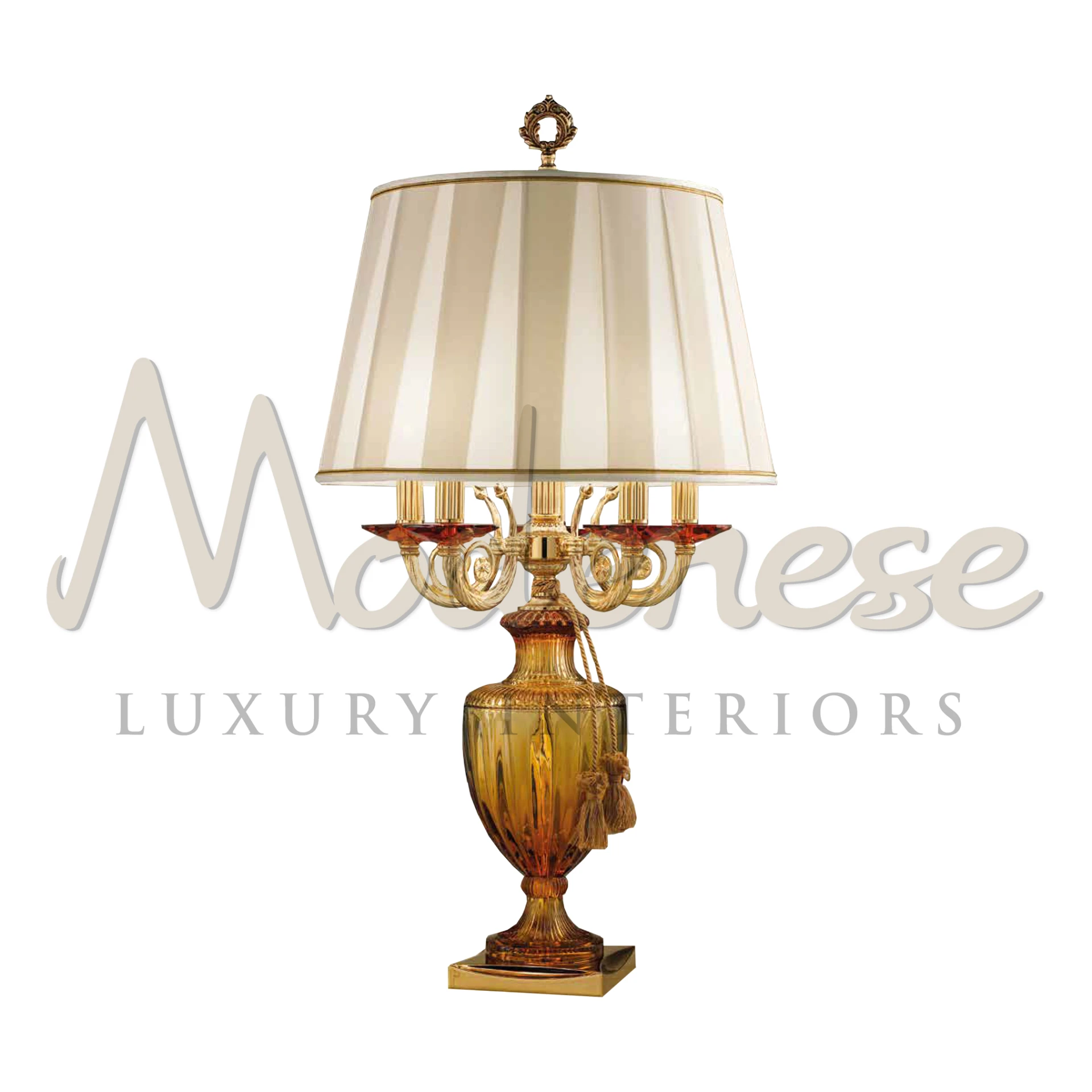 Luxurious gold base and amber crystal Renaissance Table Light with an excellent pleated shade.