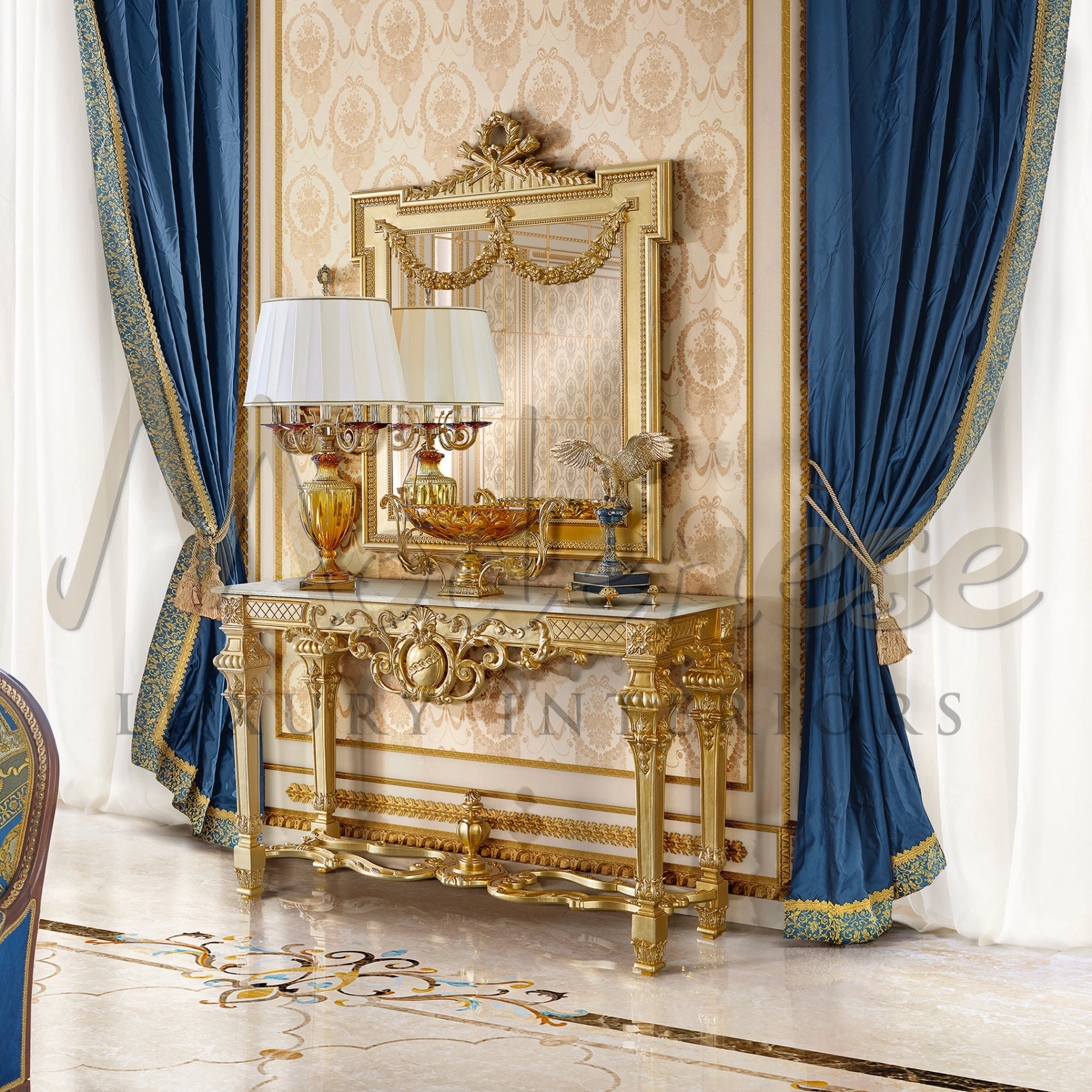 Luxurious gold-detailed dressing table with a Renaissance Table Light and fancy mirror.