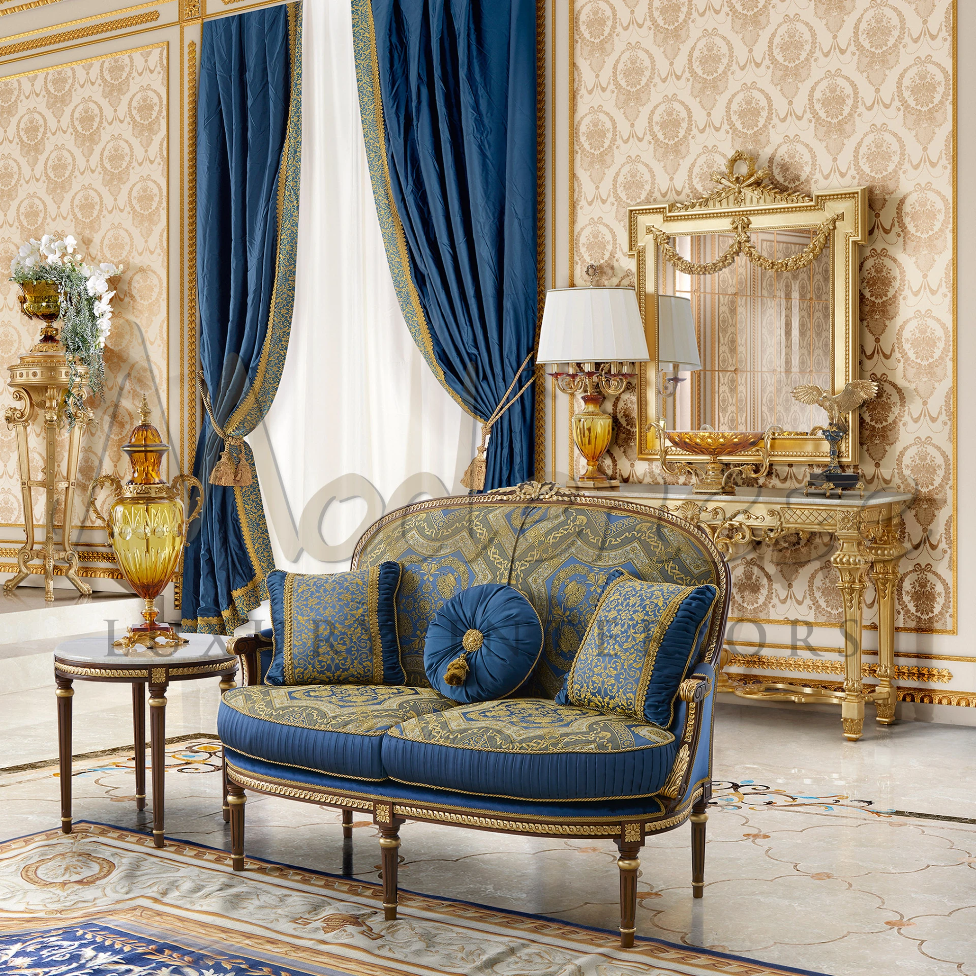 Luxurious lounge with a blue and golden sofa, classical Italian table lamp, and classic draperies.