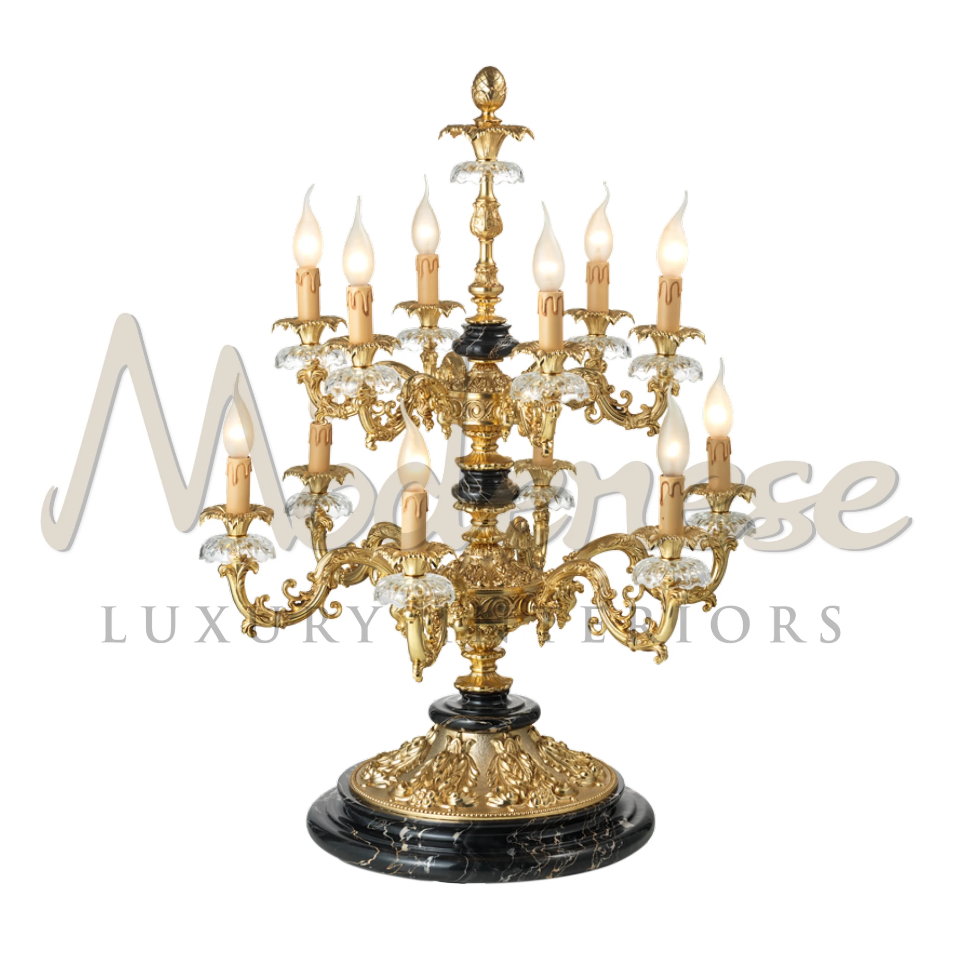 Candelabra Table Lamp with flashy golden arms and glowing candle-like bulbs.