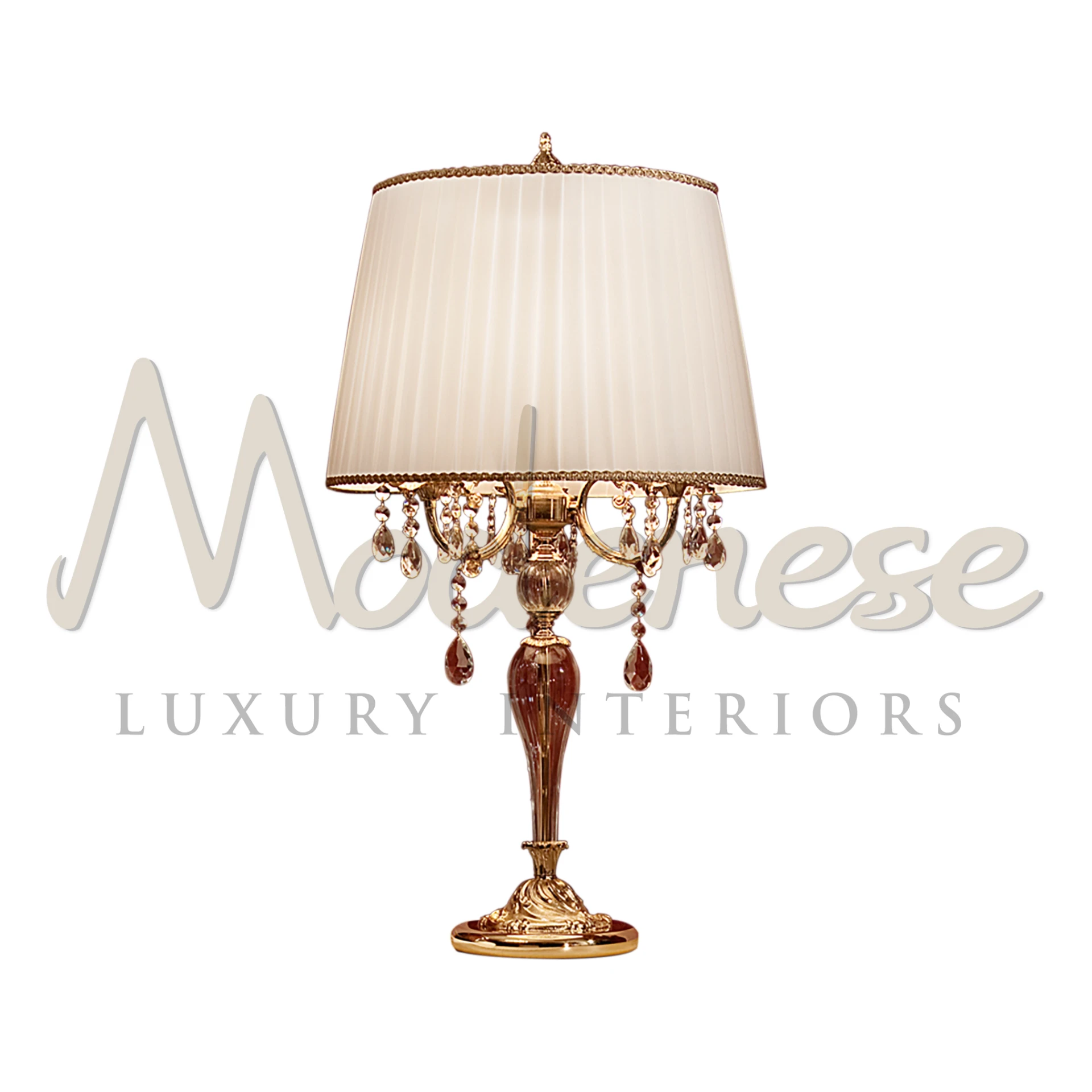 Luxury Victorian Table Lamp with pleated shade and dropping crystal on a gold base.