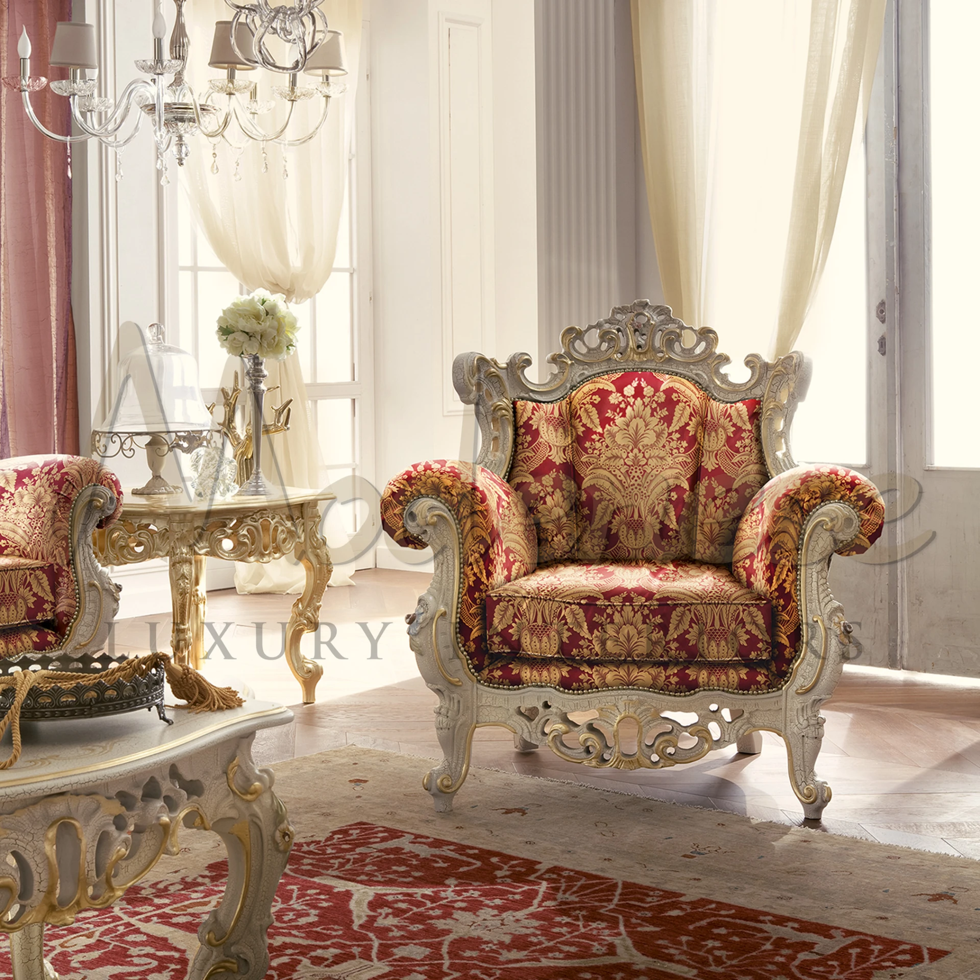 Experience opulence with our meticulously crafted handmade Neo-Baroque throne armchair. Designed for royalty, indulge in its lavish comfort and ornate detailing. 