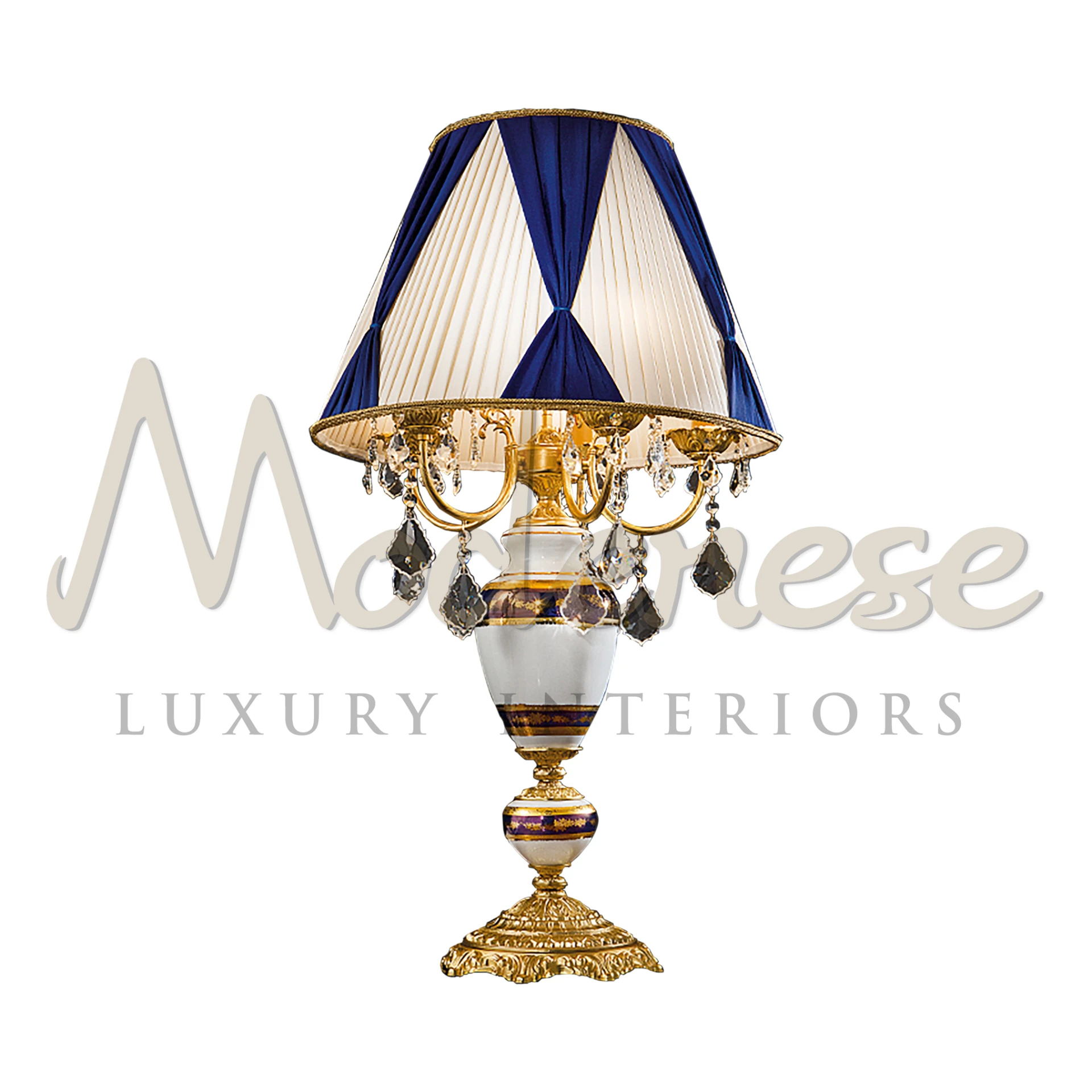 Royal Blue Table Lamp with gold accents and crystal droplets on a pleated shade