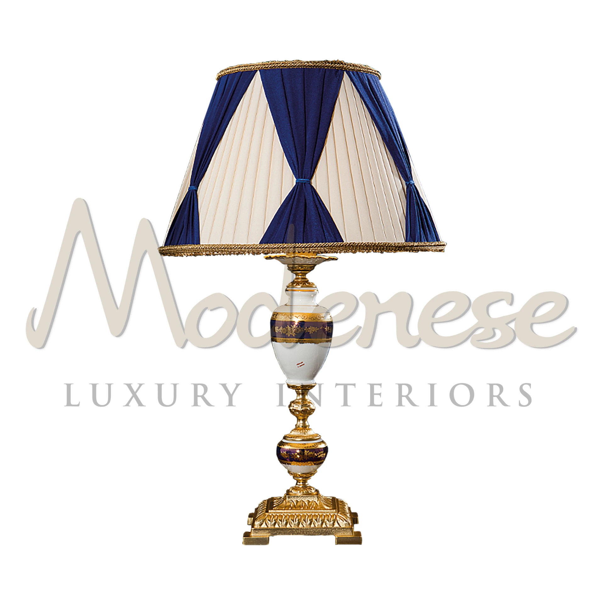 Luxury Porcelain Blue Table Lamp with elegant blue and gold patterned shade and decorated base.