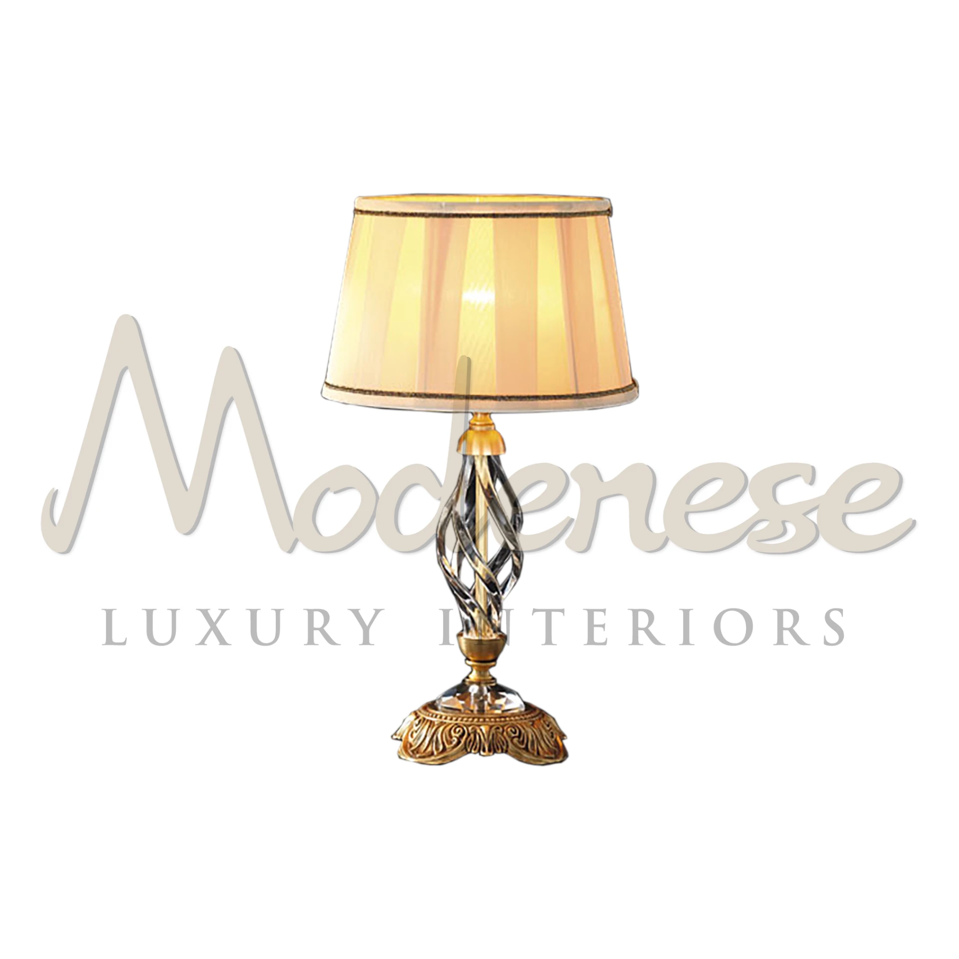 Luxury Serene Table Lamp with twisted silver & golden stem and a soft amber light shade.