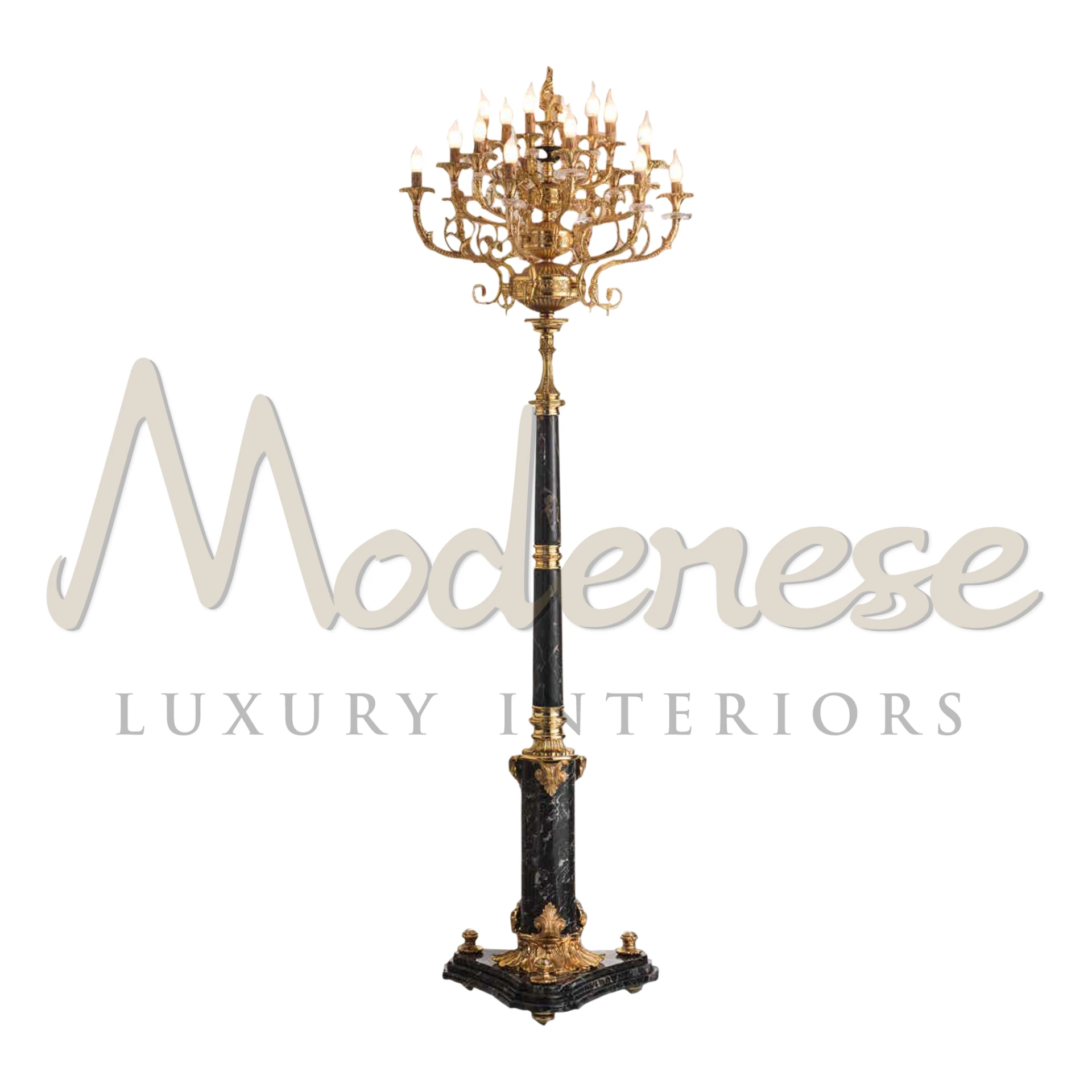 Versailles Torchère with a black and gold stand and multiple candle lights.