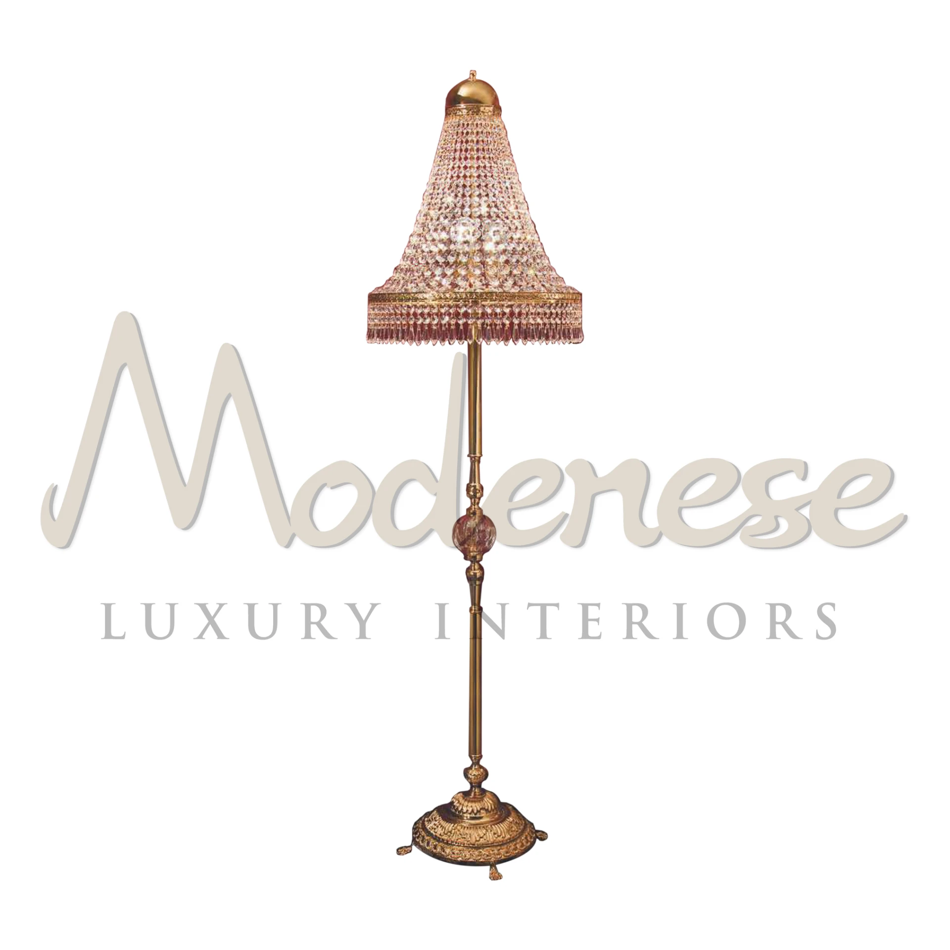 A pink-beaded Scholer Crystals Floor Lamp with a luxurious gold stand.