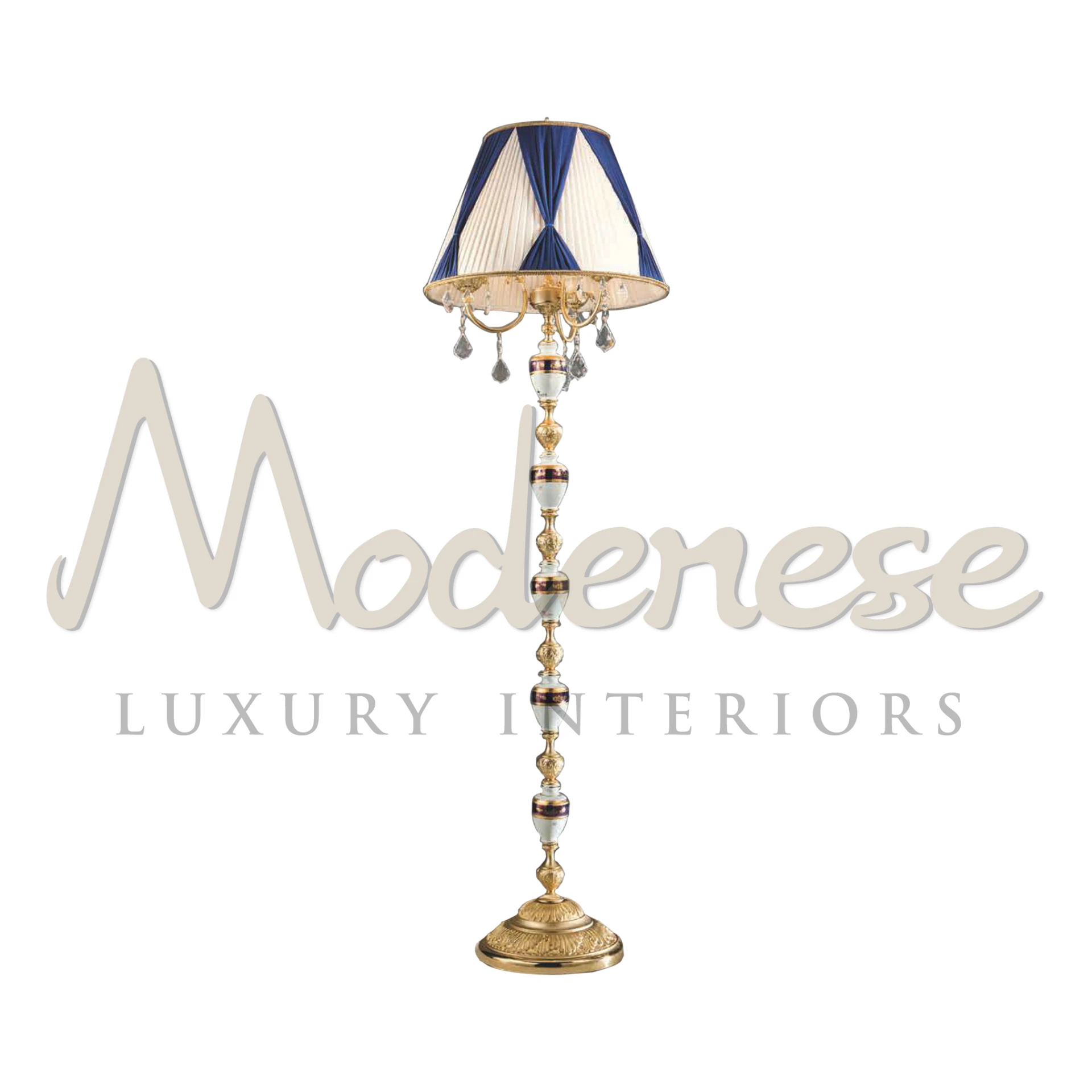 Stylish Floor Lamp by Modenese with blue and white striped shade and golden stand with crystals.