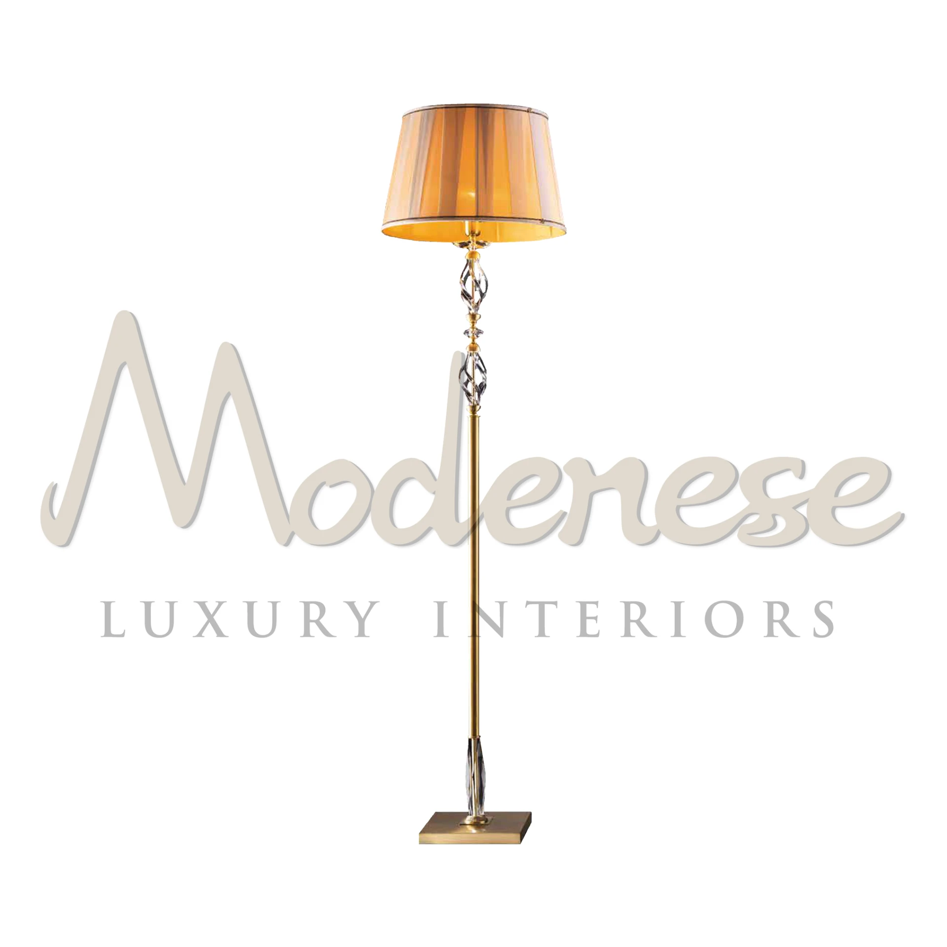 Rococò Floor Lamp by Modenese with golden base, amber lamp shade with crystal details.
