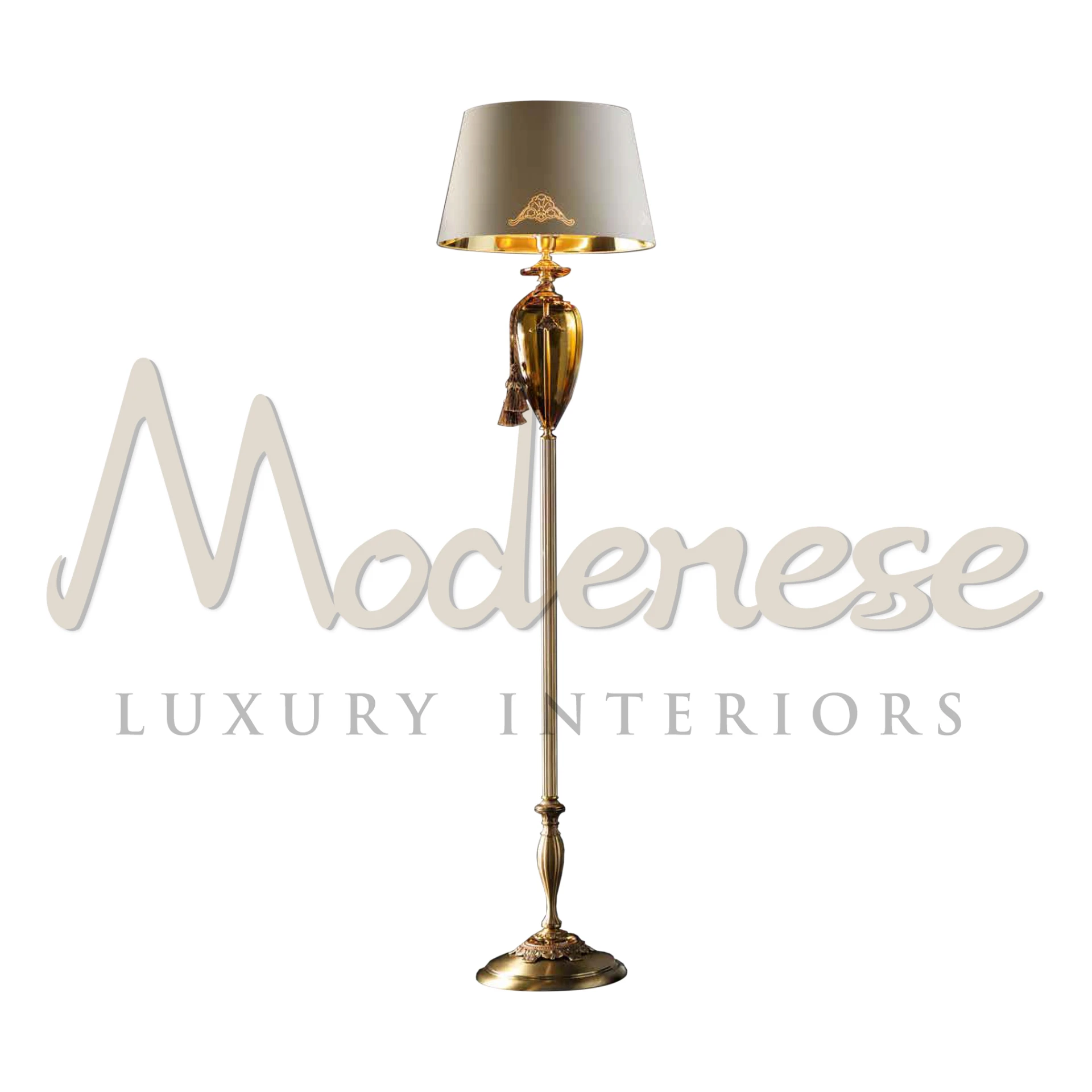 Modern Renaissance Floor Lamp with a golden stand and fancy amber glass detail.