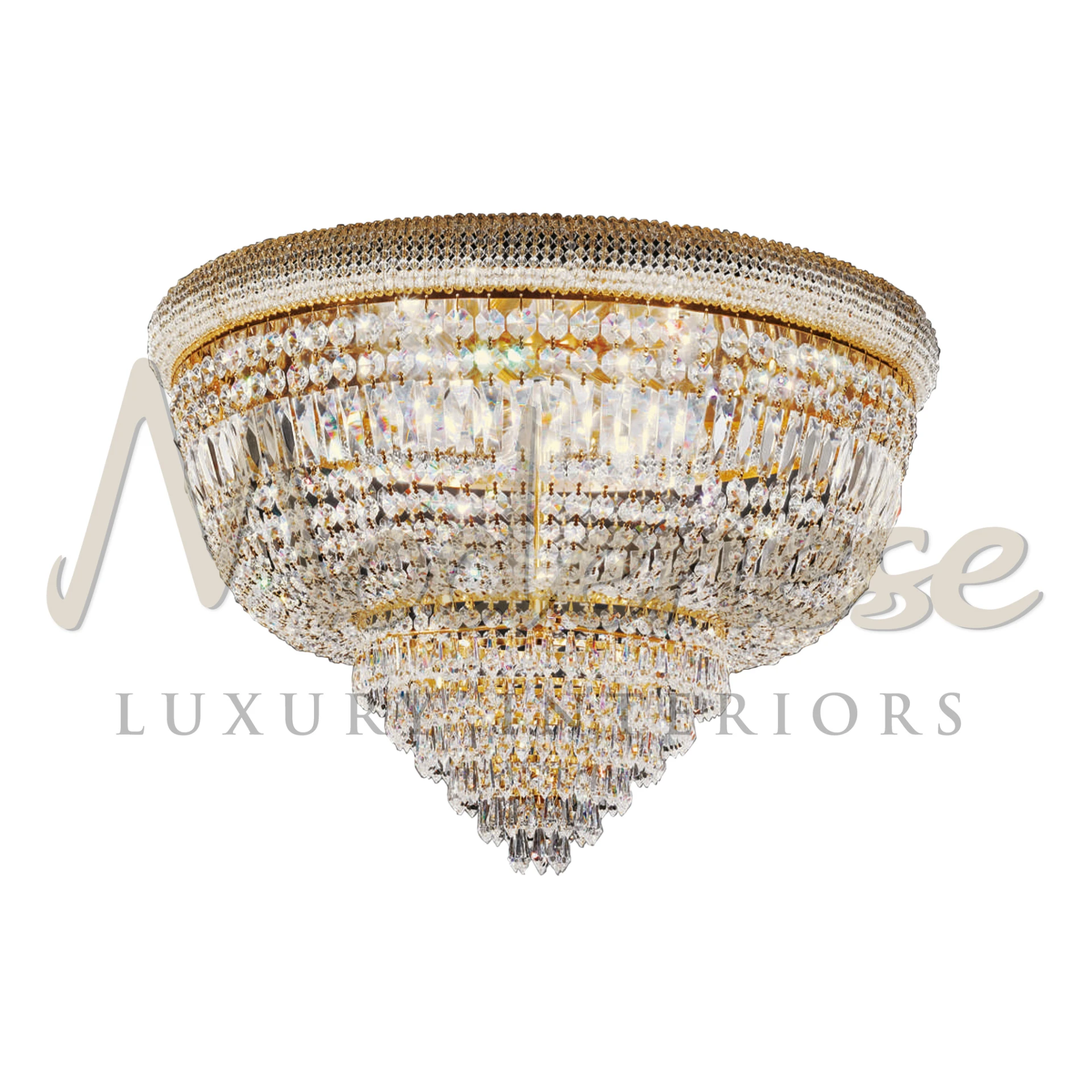 Magnificent Palace Ceiling Lamp with crystal curtain and gold accent.
