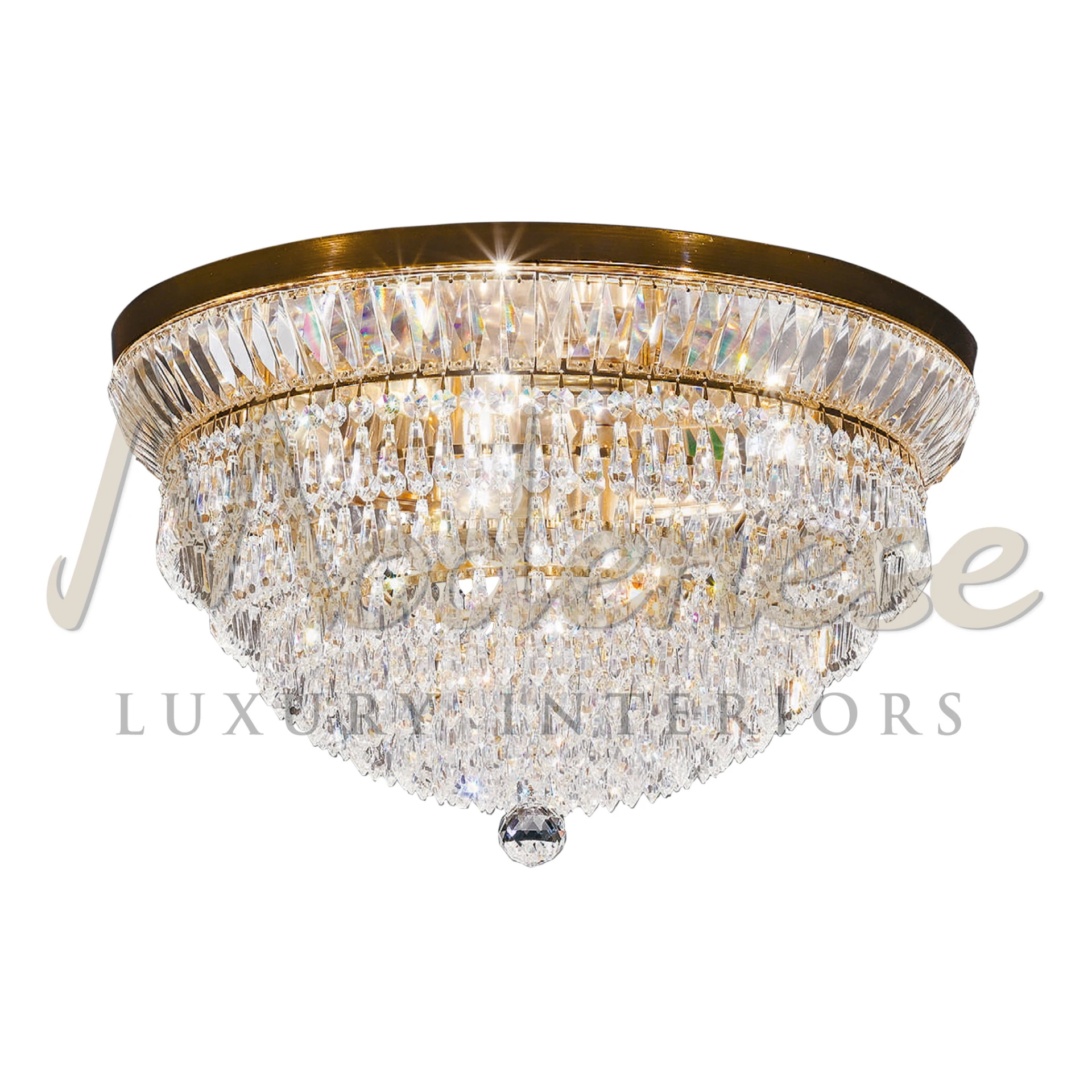 Shiny Ceiling Lamp with a gold rim and a multitude of shining crystals.