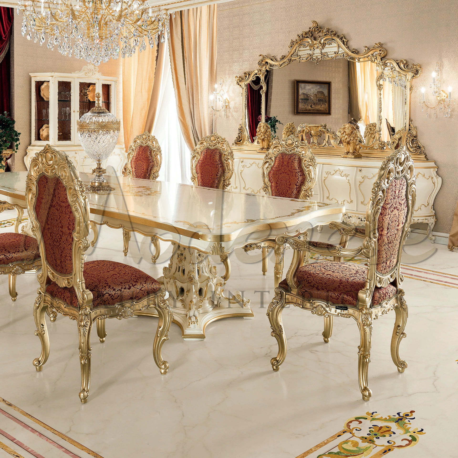 Modenese Versailles Statement Mirror on top of credenza in a royal dining room