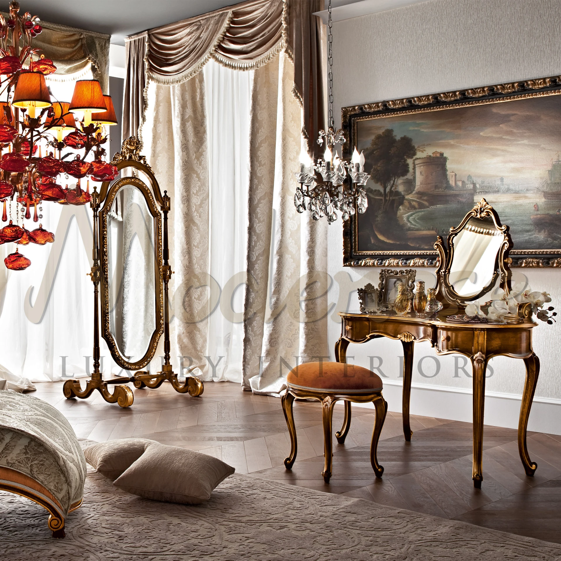 Gold Leaf Detailed Vintage Mirror for classical walnmut finishing bedroom 