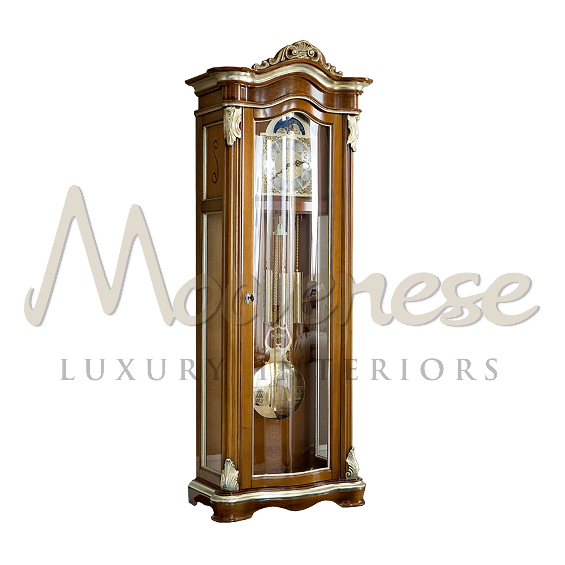 Elegance Pendulum Clock with light walnut finish and patinated silver leaves
