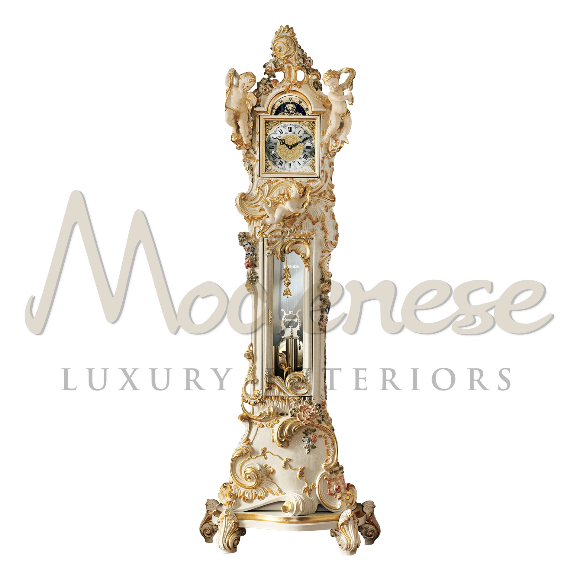 Baroque Grandfather Clock in ivory craquelè with gold leaf details
