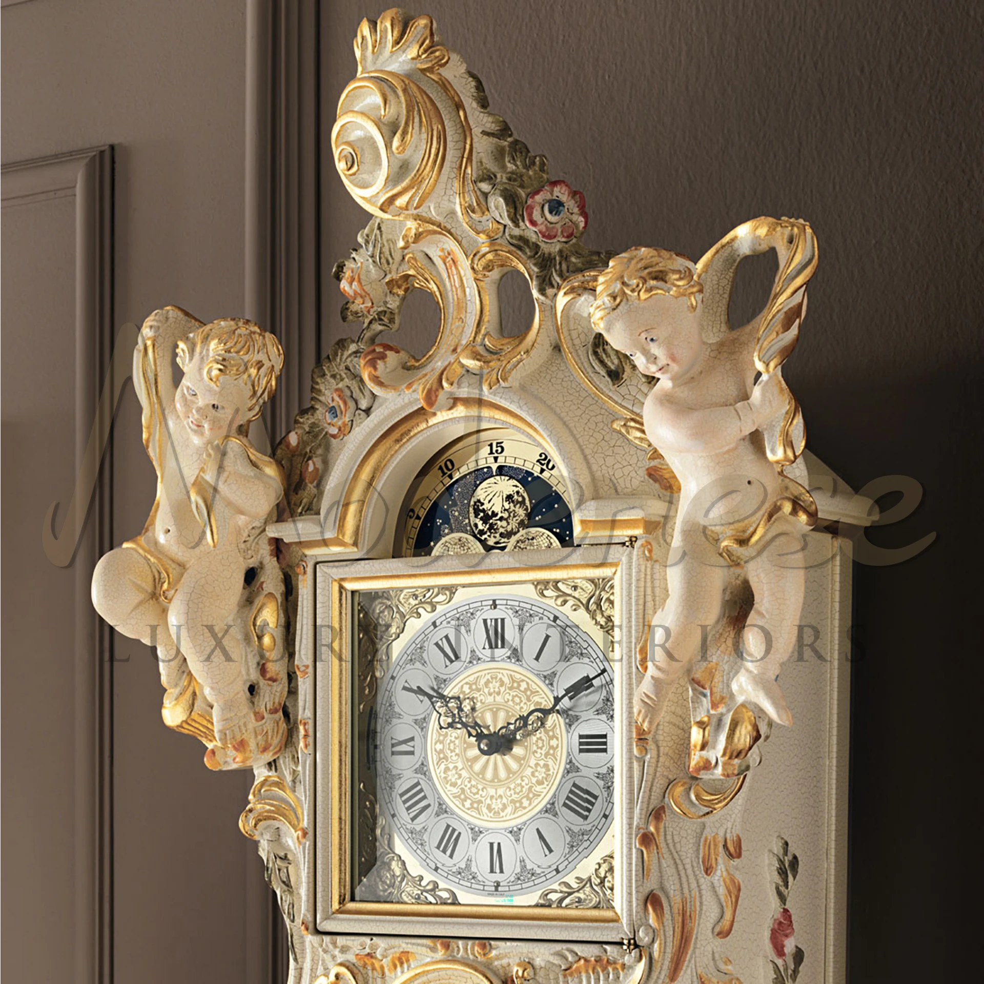 Handcrafted Baroque Grandfather Clock by Modenese with floral decorations